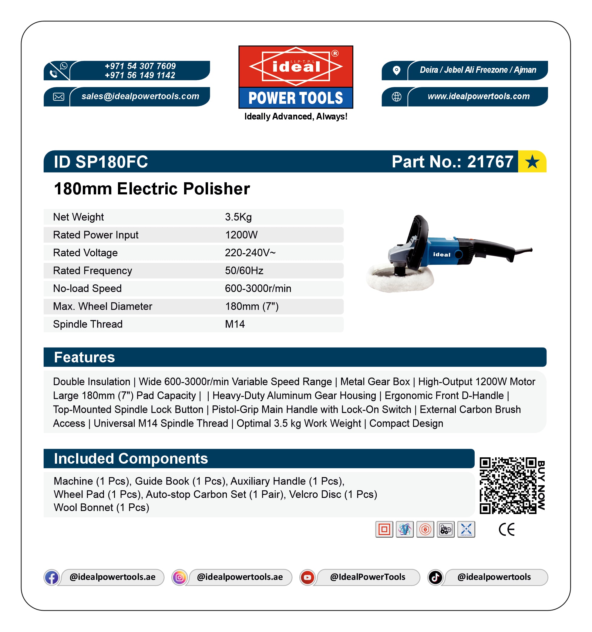 A white product information card for the IDEAL Power Tools ID SP180FC Electric Polisher, showing specifications, features, included components, and a QR code with contact details.