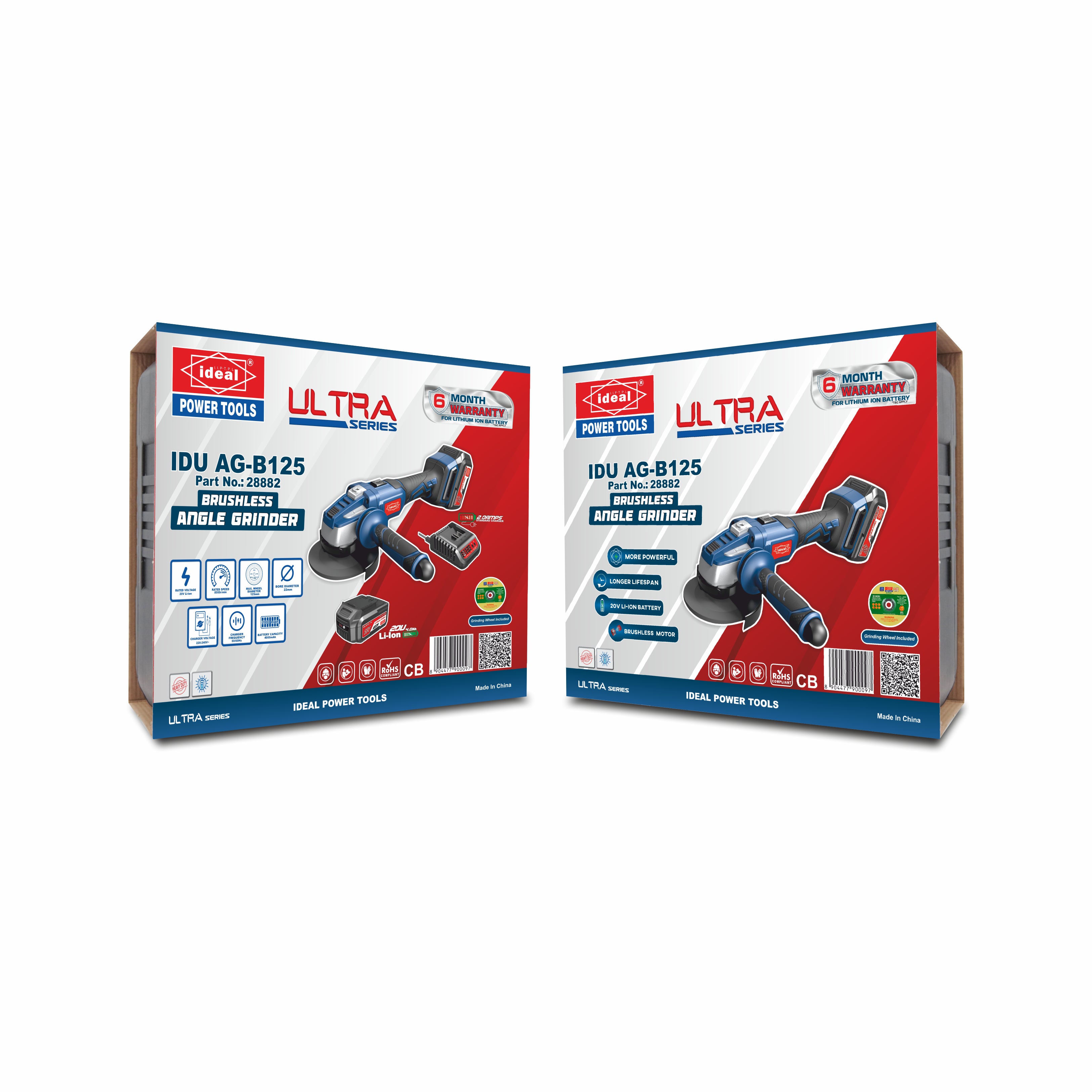 Two boxes of ultra angle grinder power tools on a white background