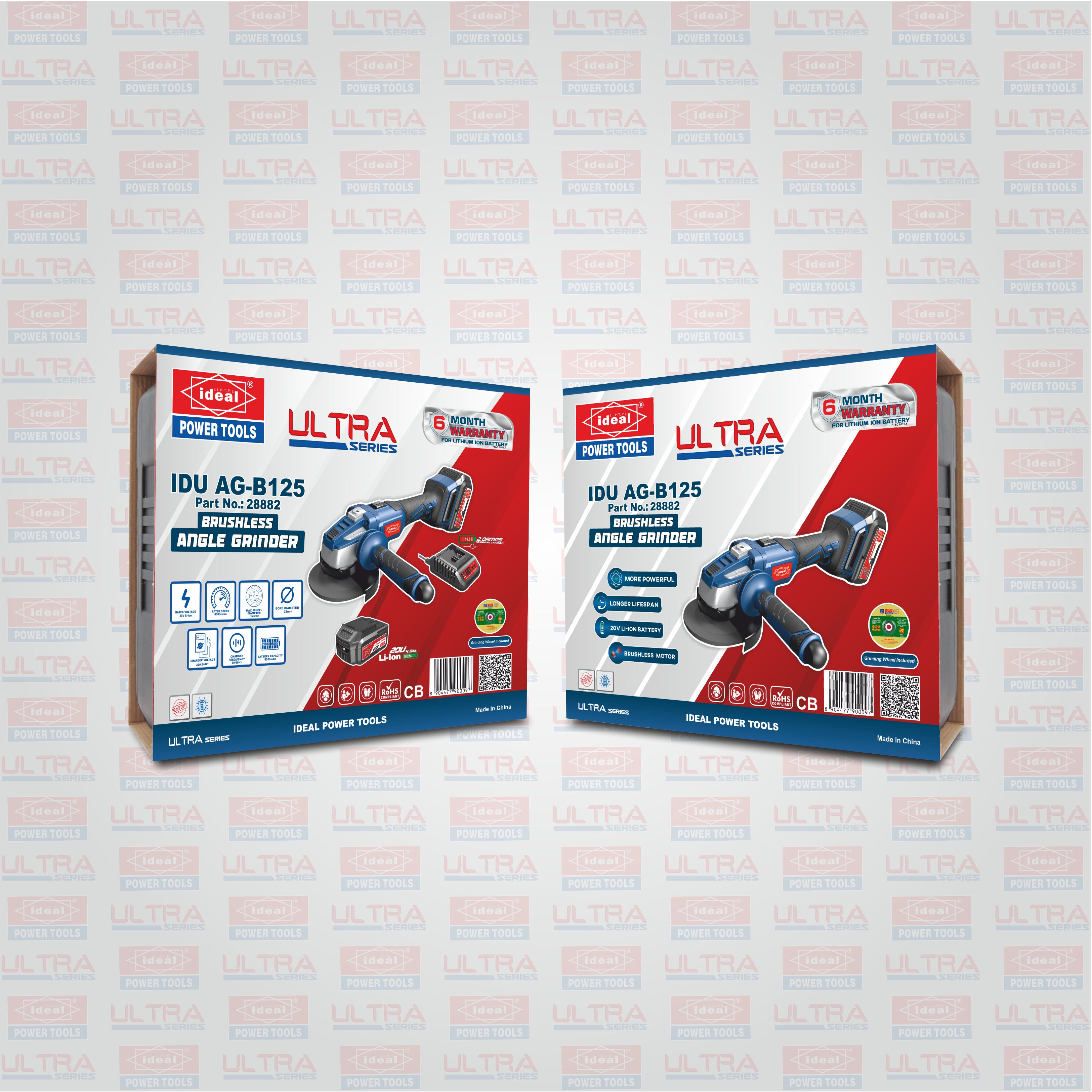 Two boxes of Ultra Ideal Power Tools on a gray background with 'Ultra' series logo and 'Ideal' branding.