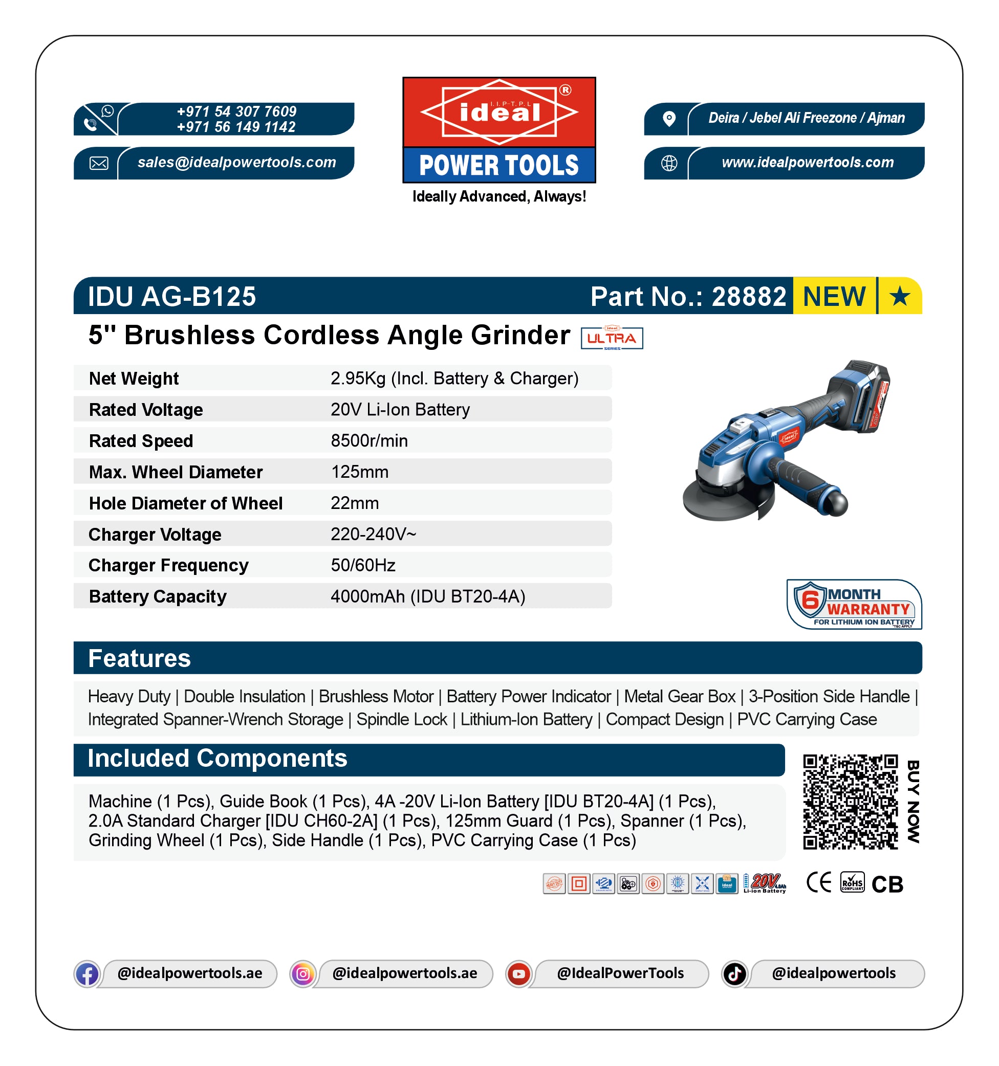 Product card for 5-inch Brushless Cordless Angle Grinder with Ideal Power Tools branding and specifications.