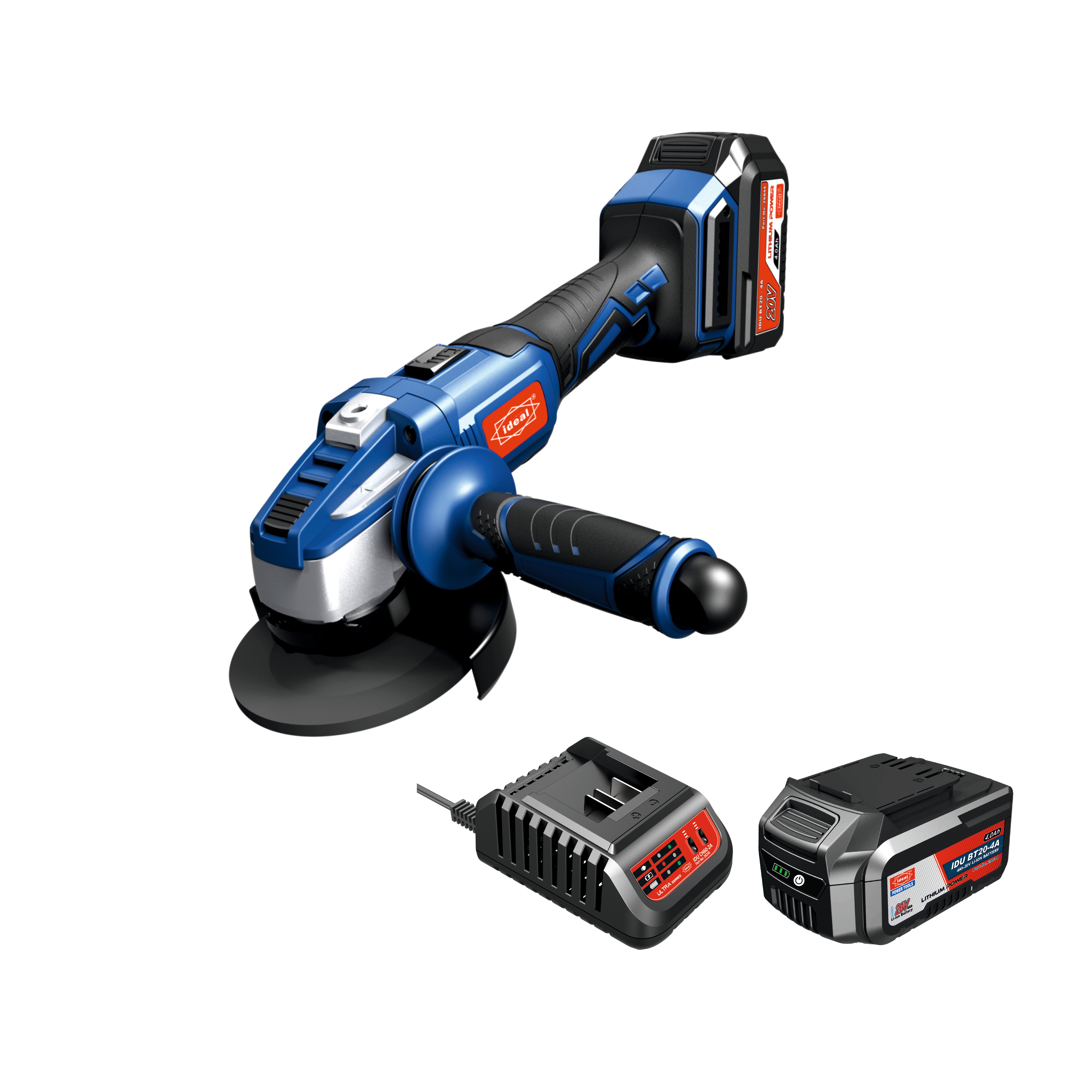 Blue angle grinder with two batteries and a charger on a white background