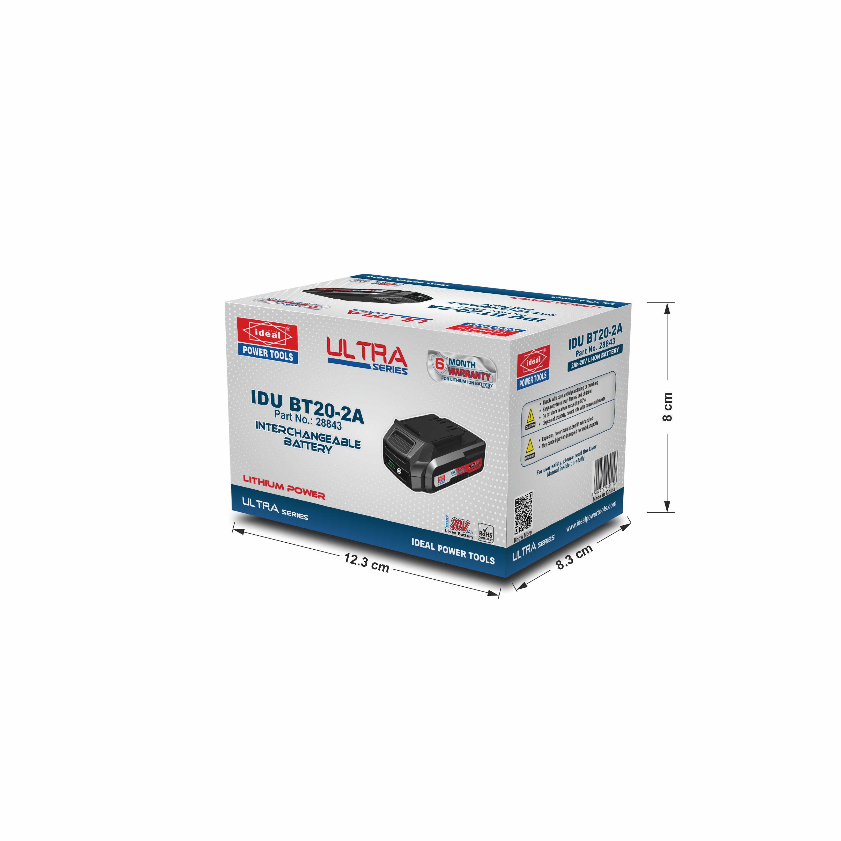 Box of Ultra interchangeable battery with dimensions on a white background
