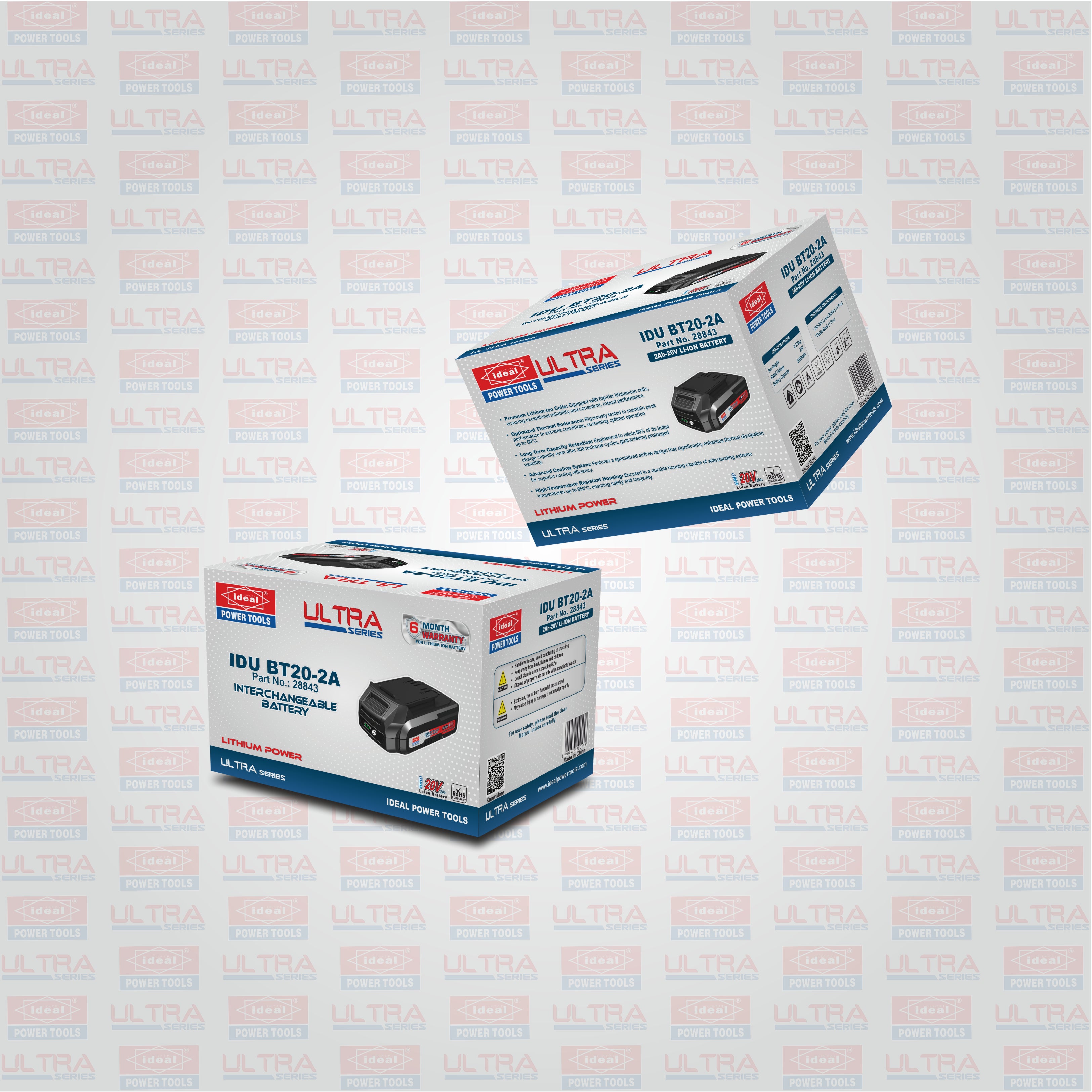 Two Ultra battery boxes on a light gray branded background