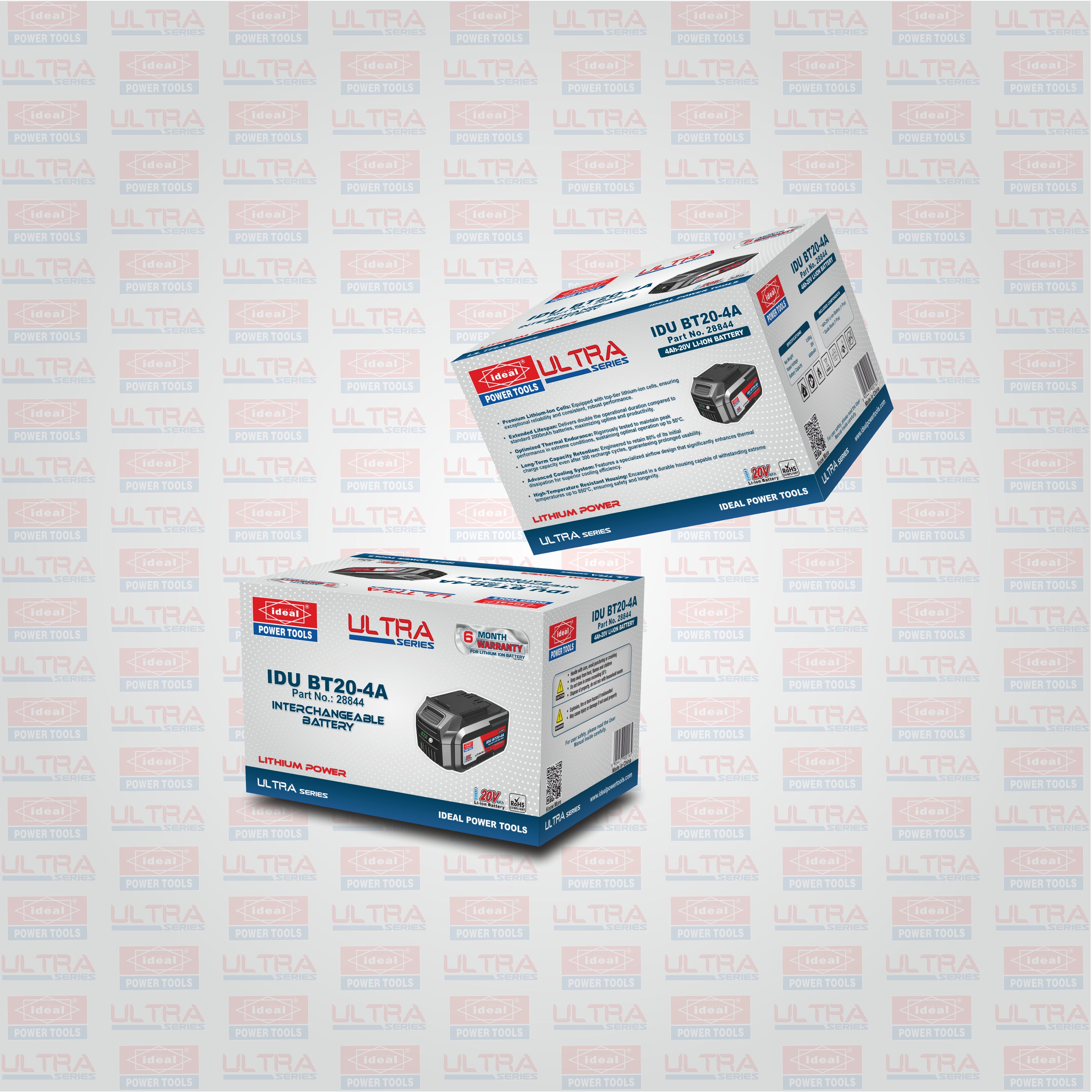 Two ultra series ideal branded boxes on a patterned background