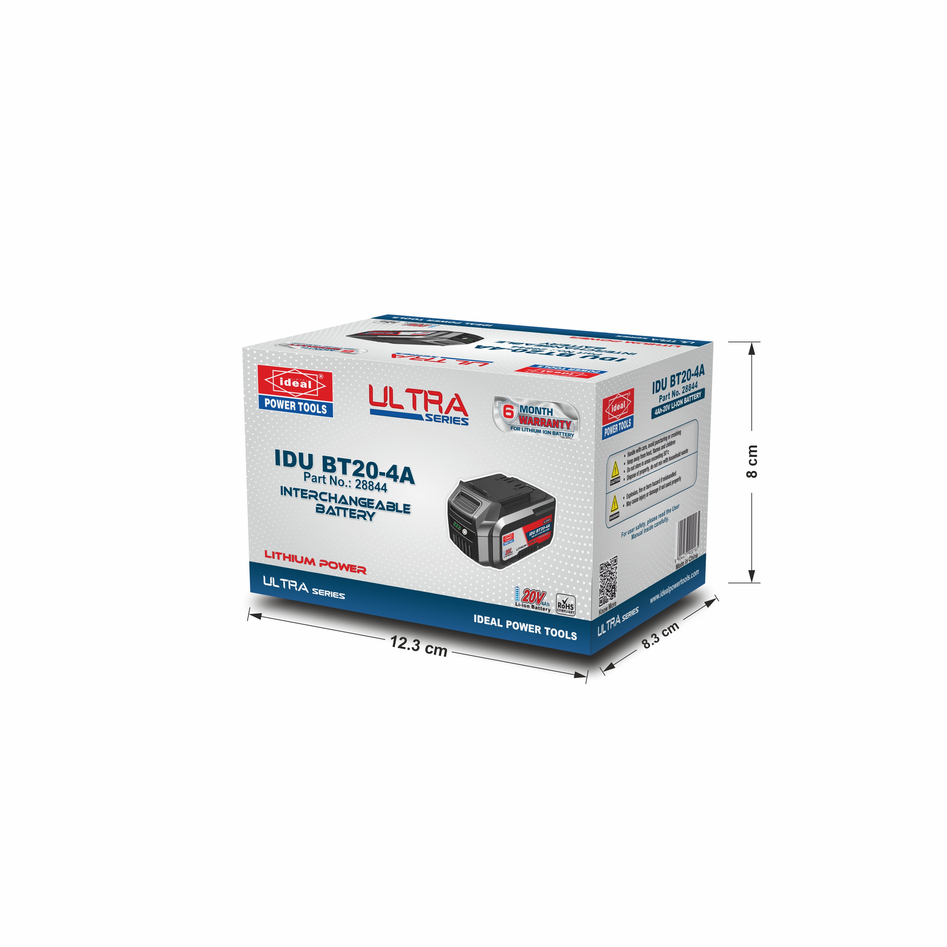 Box packaging of an IDEAL Power Tools interchangeable battery on a white background
