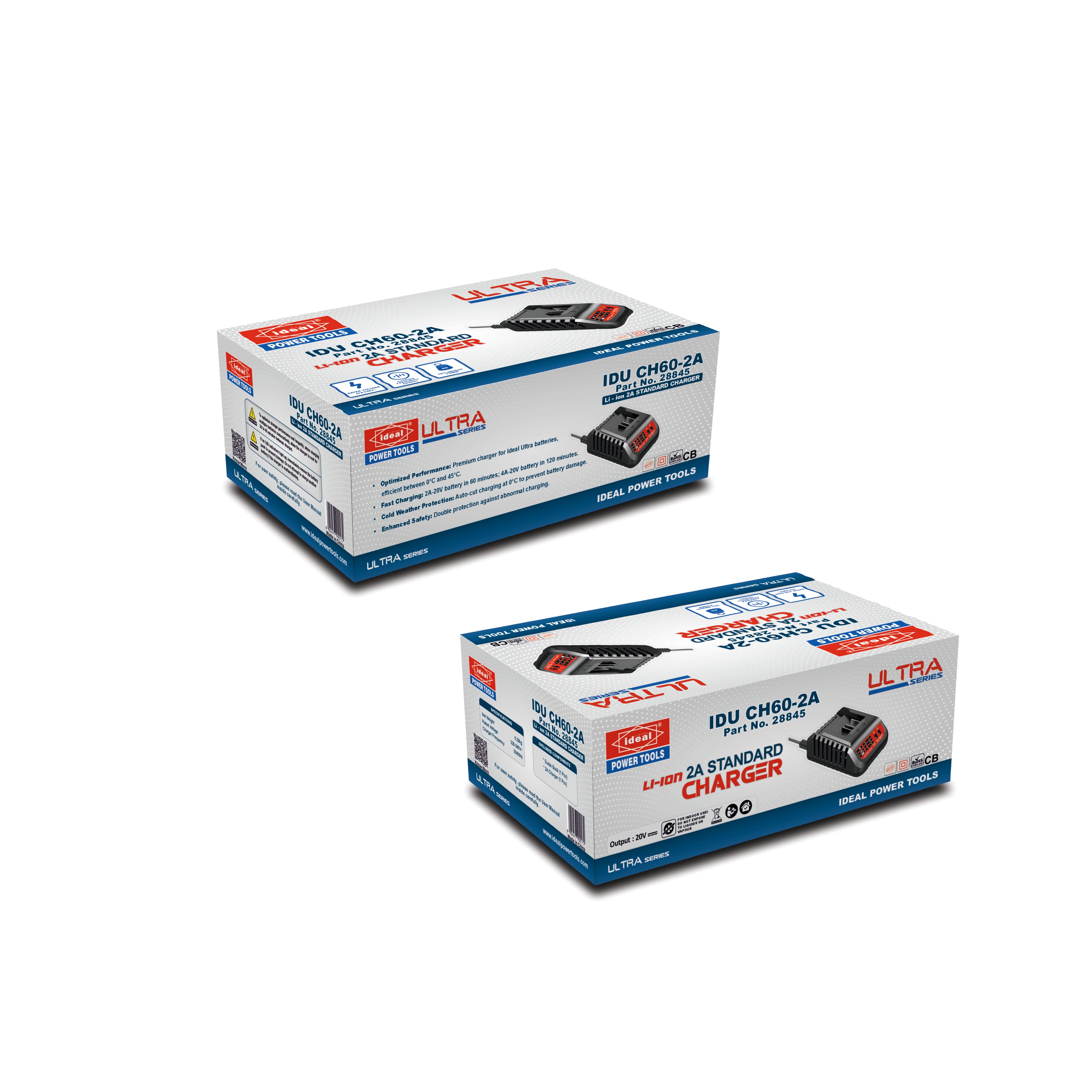 Two boxes of ultra series battery chargers on a white background