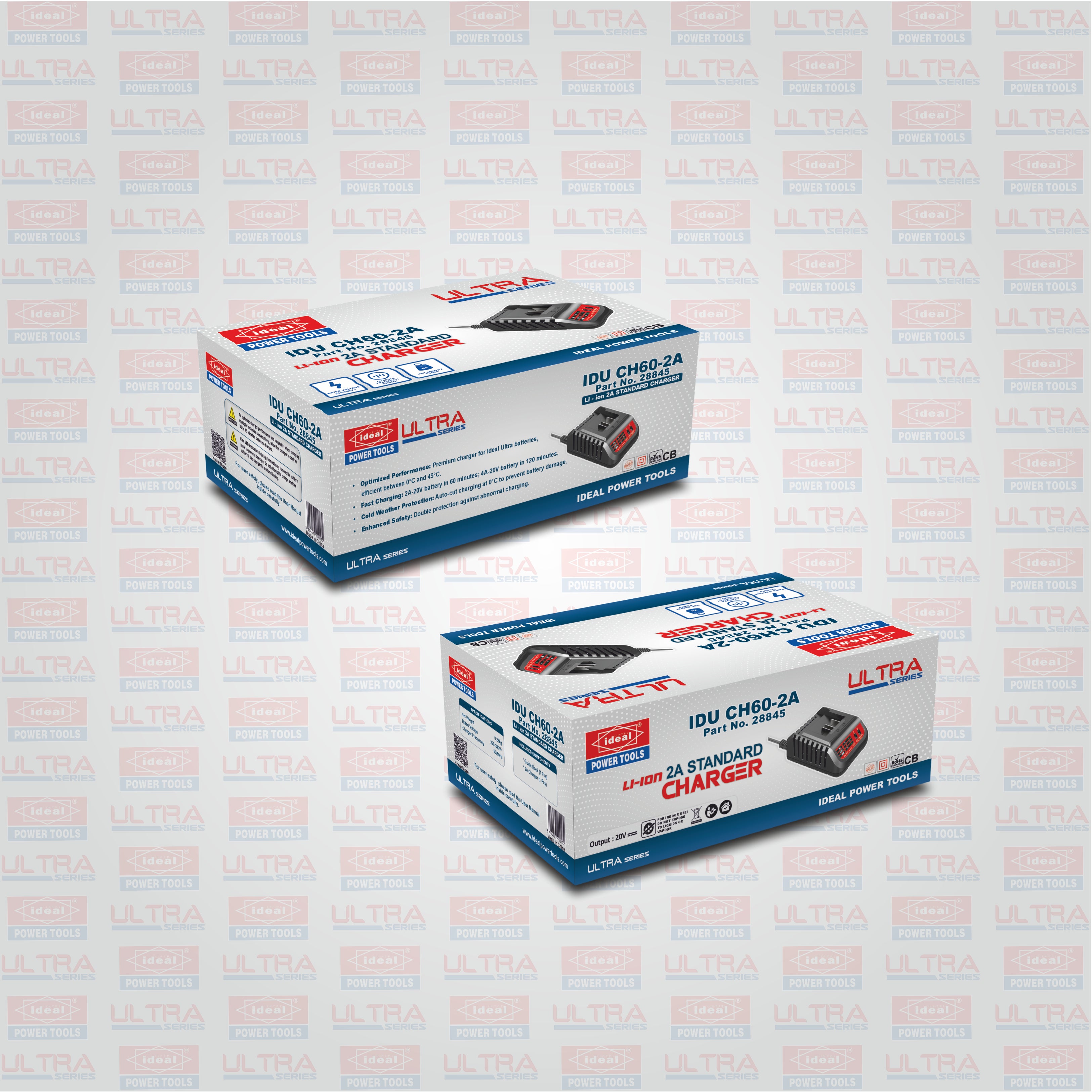 Two boxes of Ultra brand power chargers on a light gray background with 'Ideal' branding.