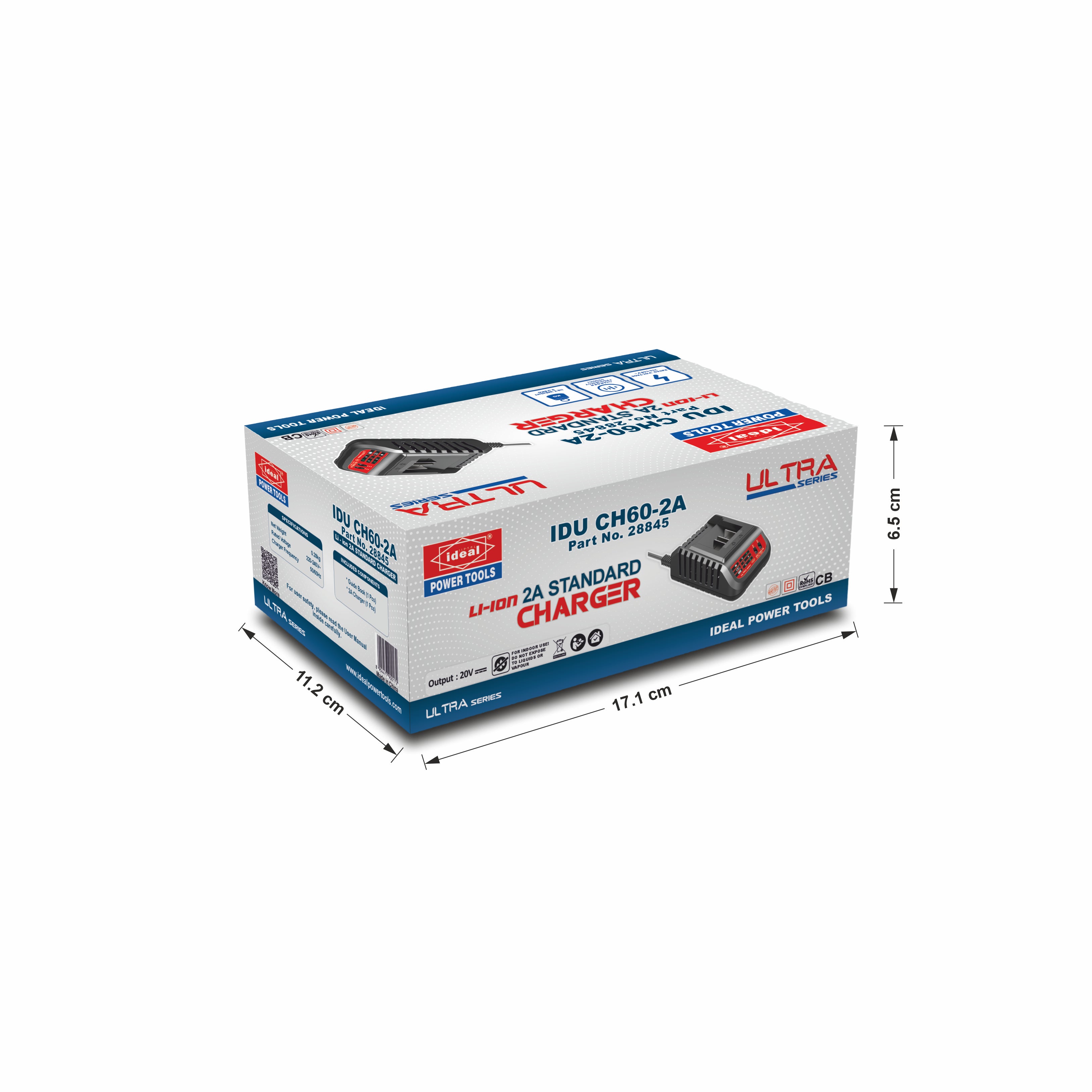 Box of Ultra IDU CH60-2A charger with dimensions on a white background
