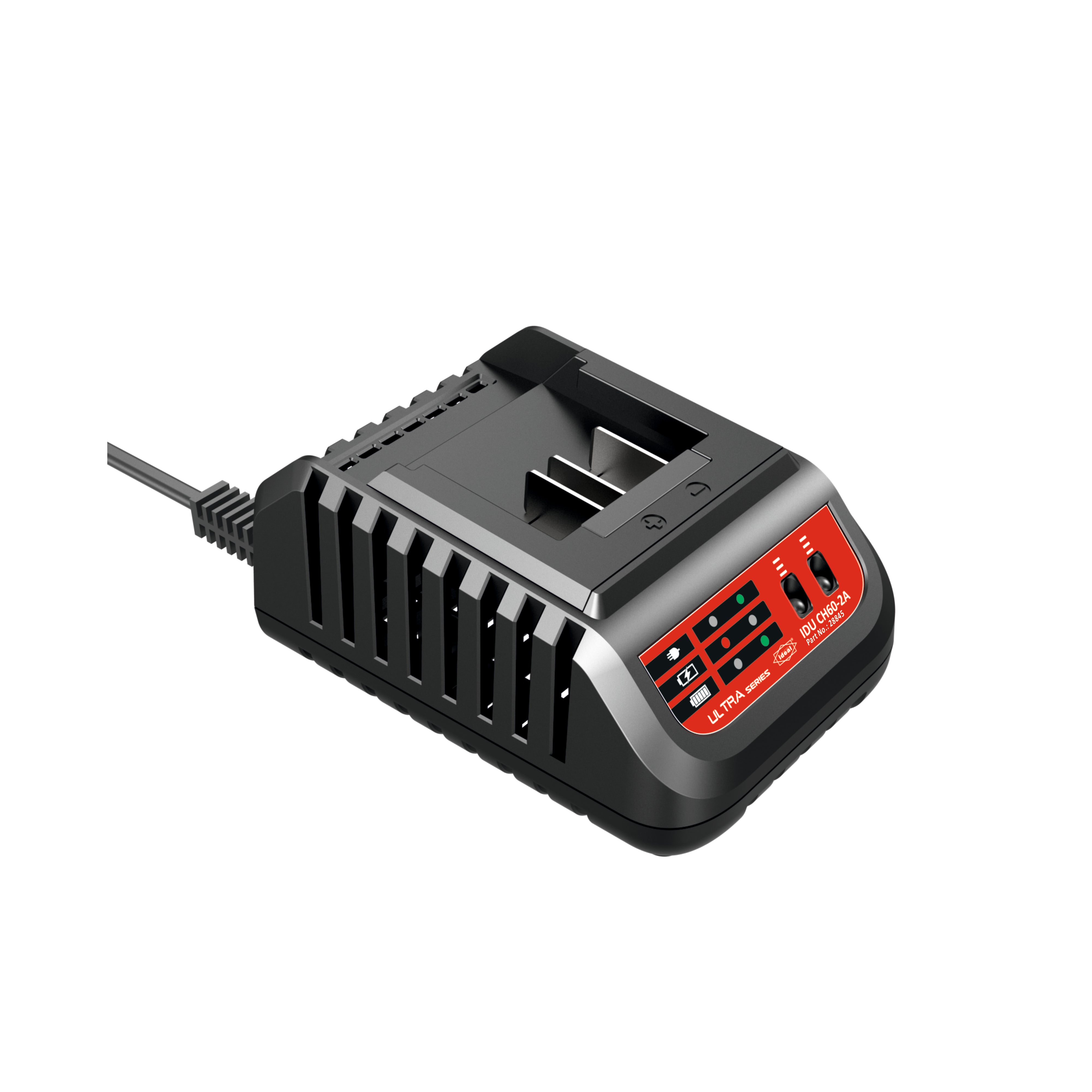 Black and red power adapter on a white background