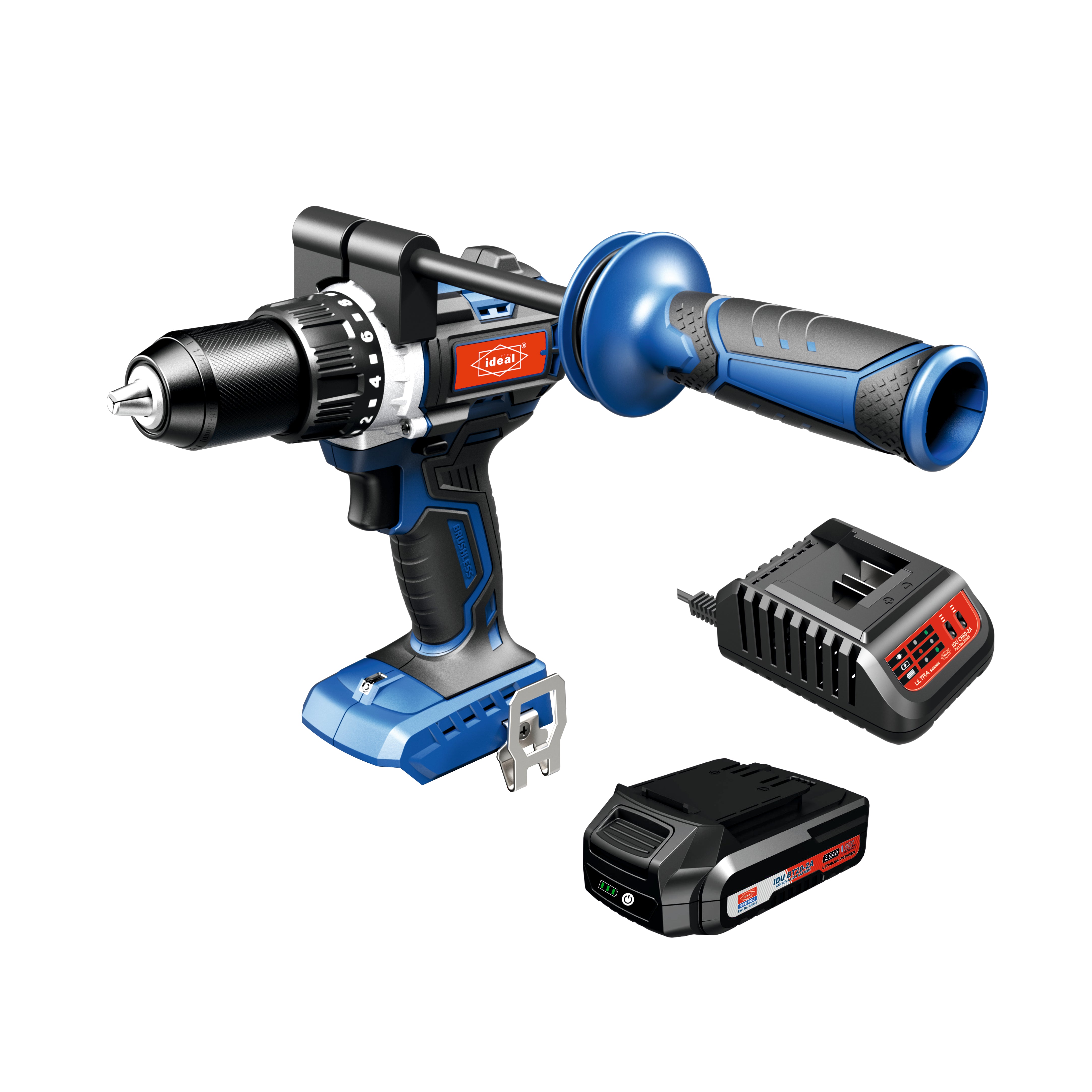 Blue and black cordless drill with battery and charger on a white background