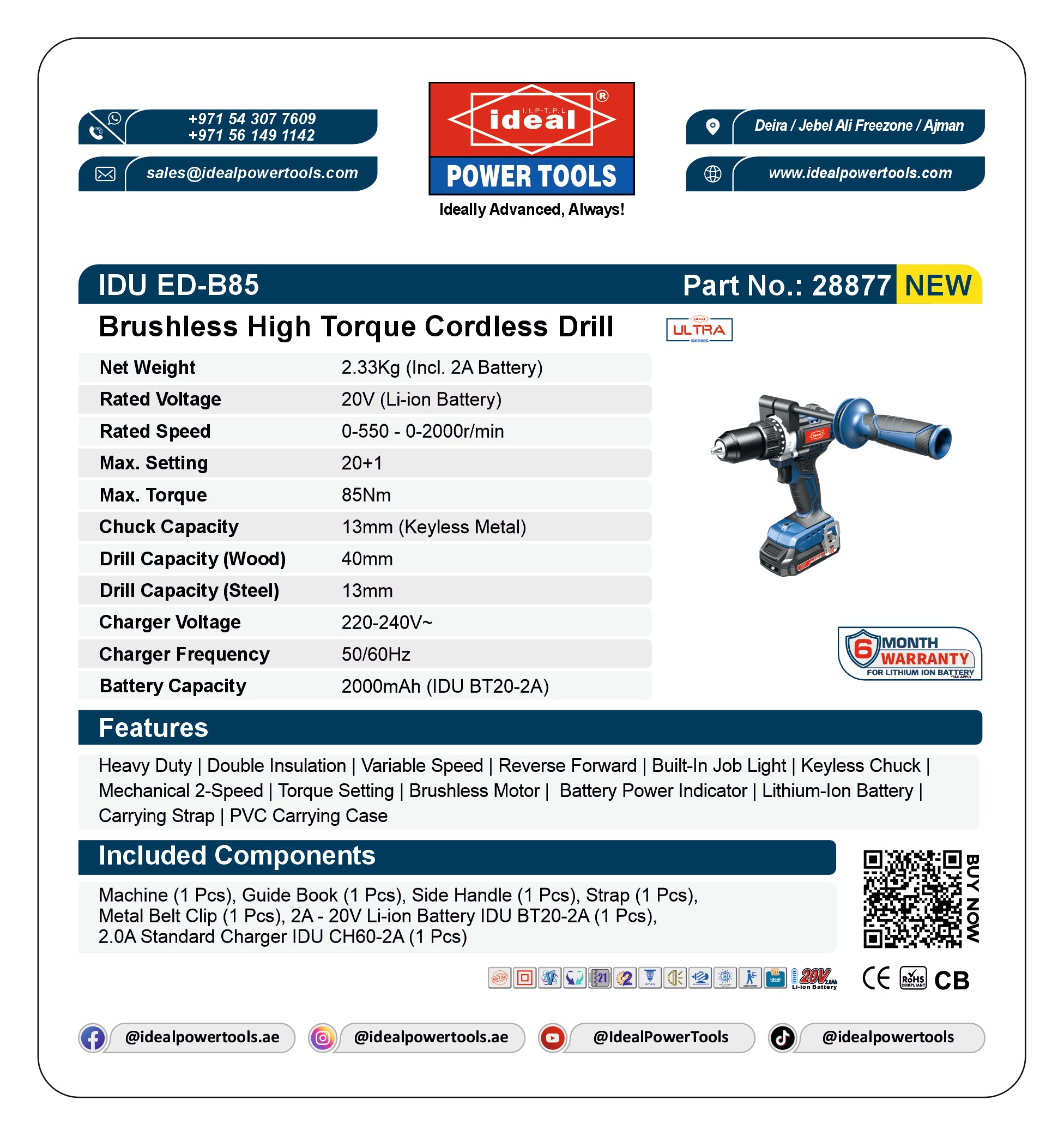 Product card for Ideal Power Tools brushless high torque cordless drill with specifications and branding.