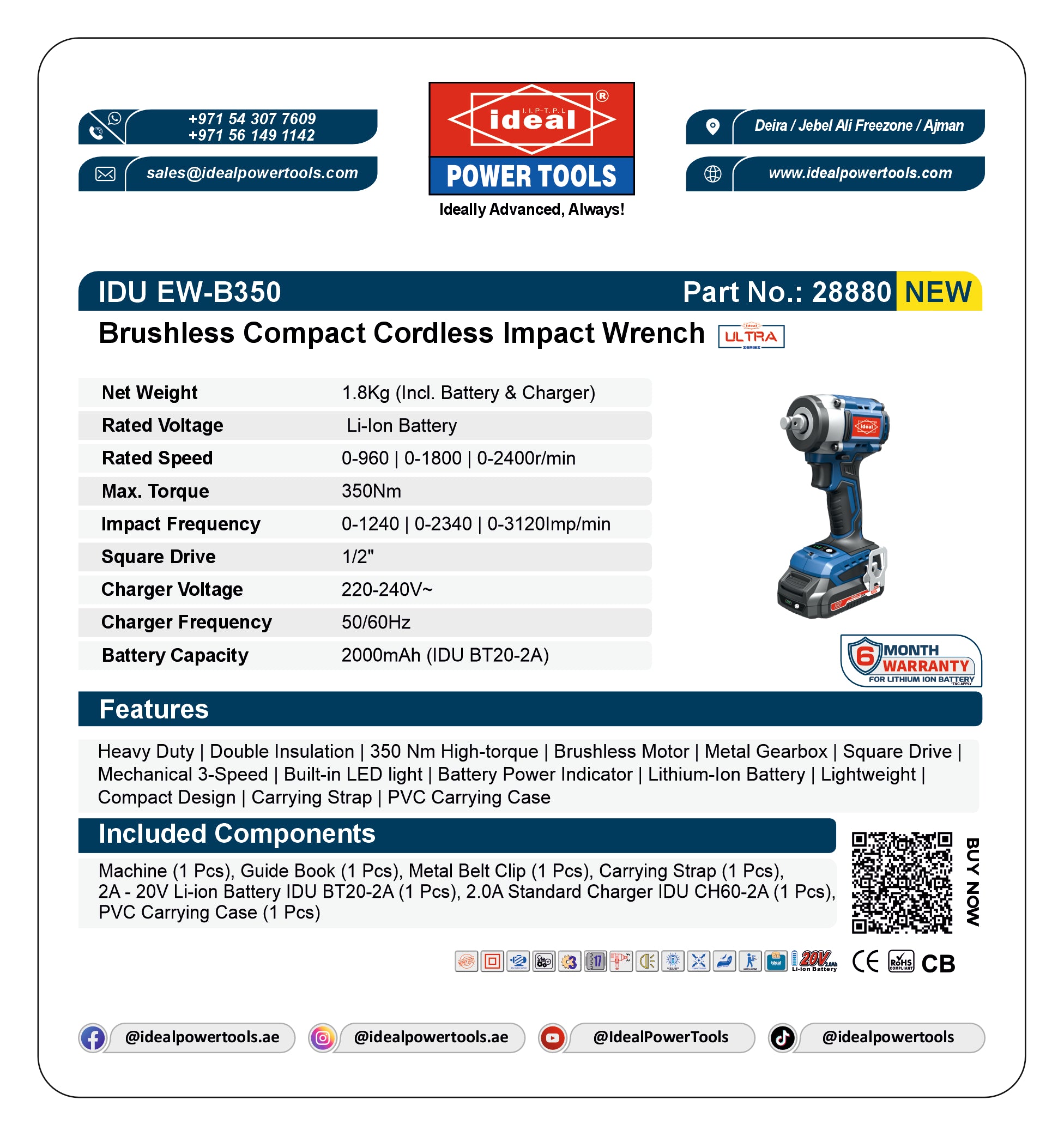 Product card for Ideal Power Tools brushless compact cordless impact wrench with specifications and branding.
