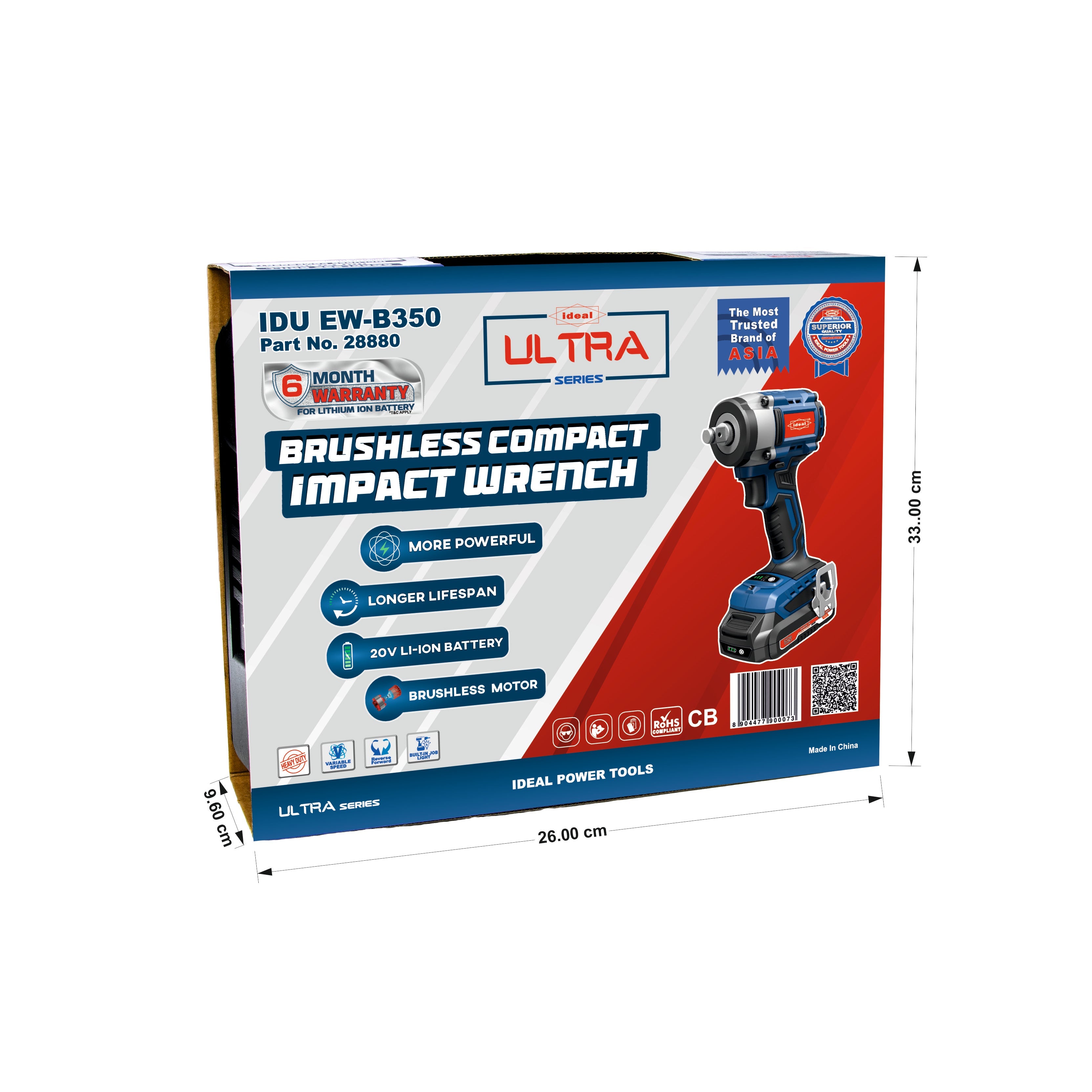 Box packaging of compact impact wrench machine IDU EW-B350 with dimensions indicated on a white background