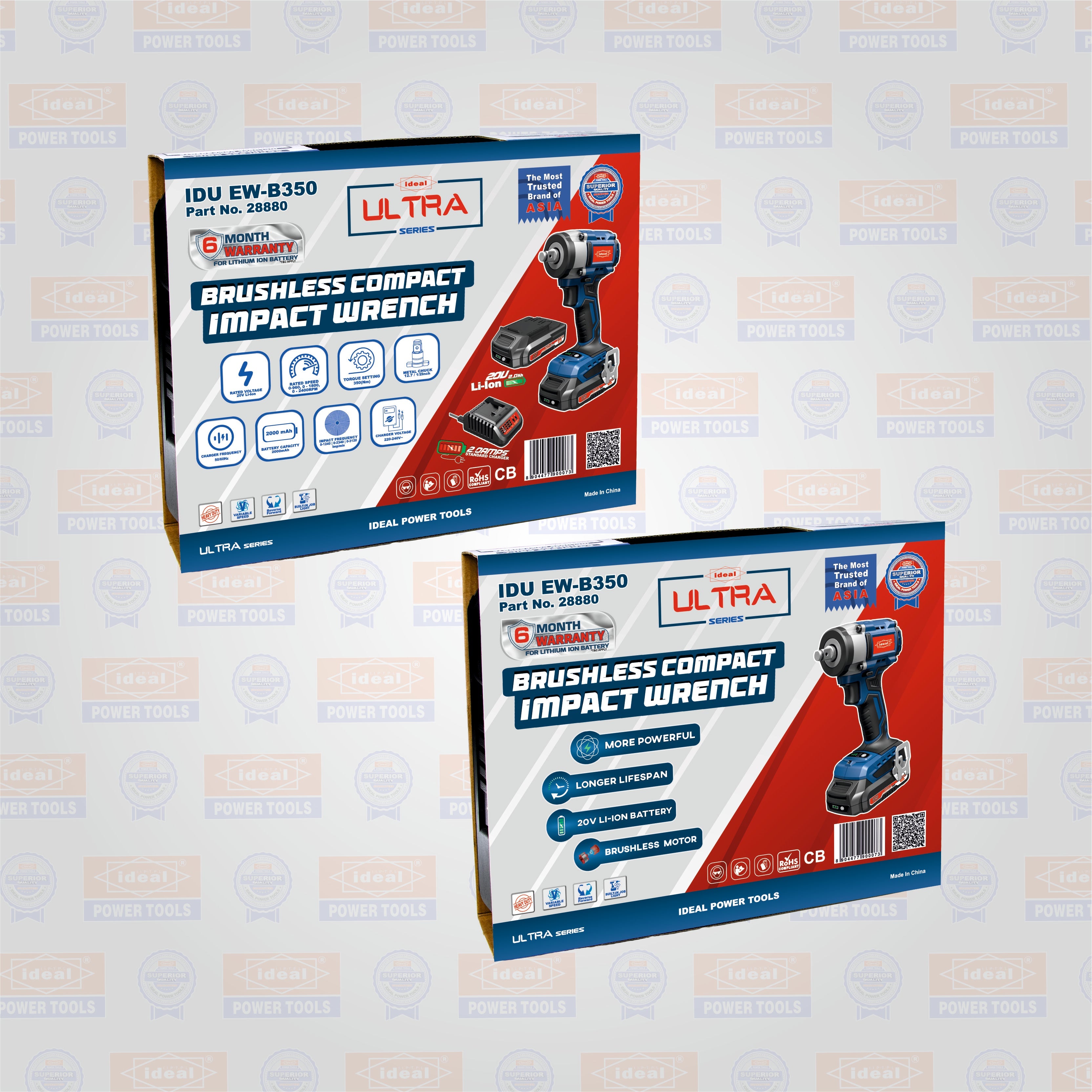 Two boxes of compact impact wrench IDU EW-B350 with branded background