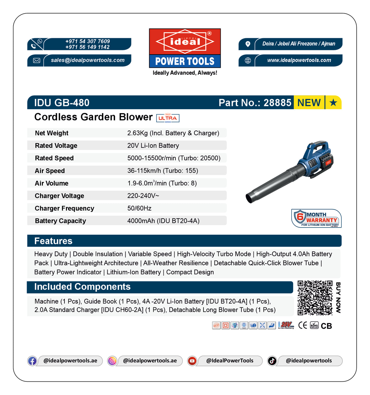 Product label for Ideal Power Tools cordless garden blower with specifications and branding.