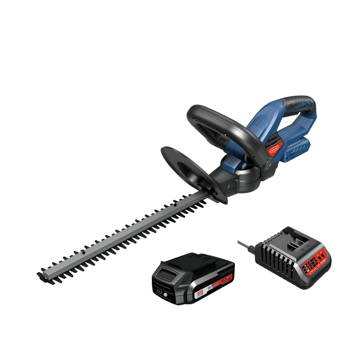 Electric hedge trimmer IDU HT-16 with battery and charger on a white background