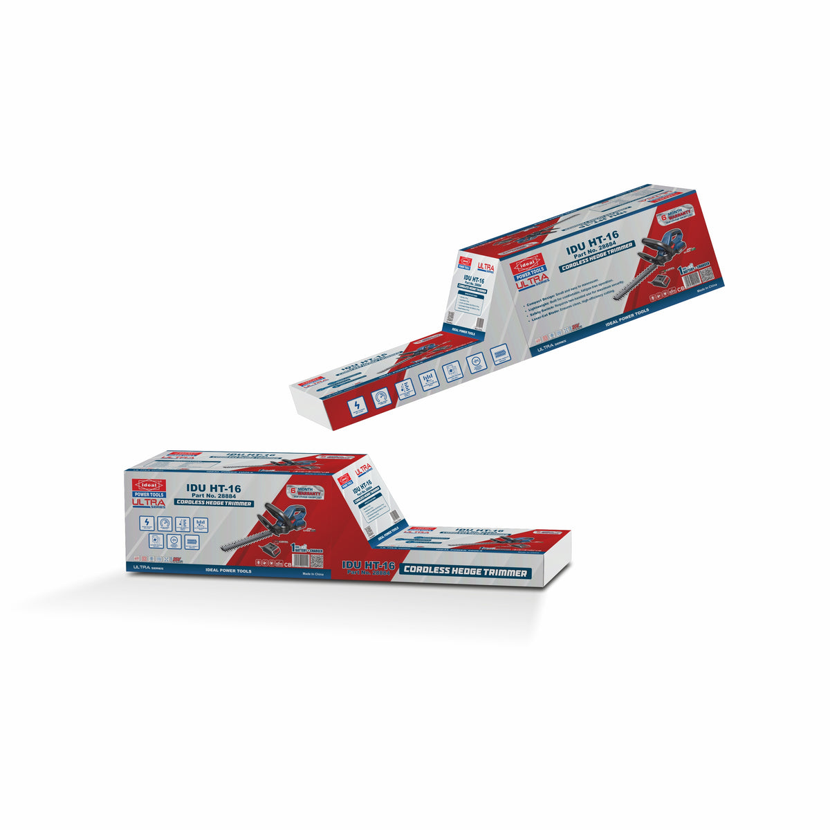 Two boxes of a hedge trimmer with a red and white design on a white background