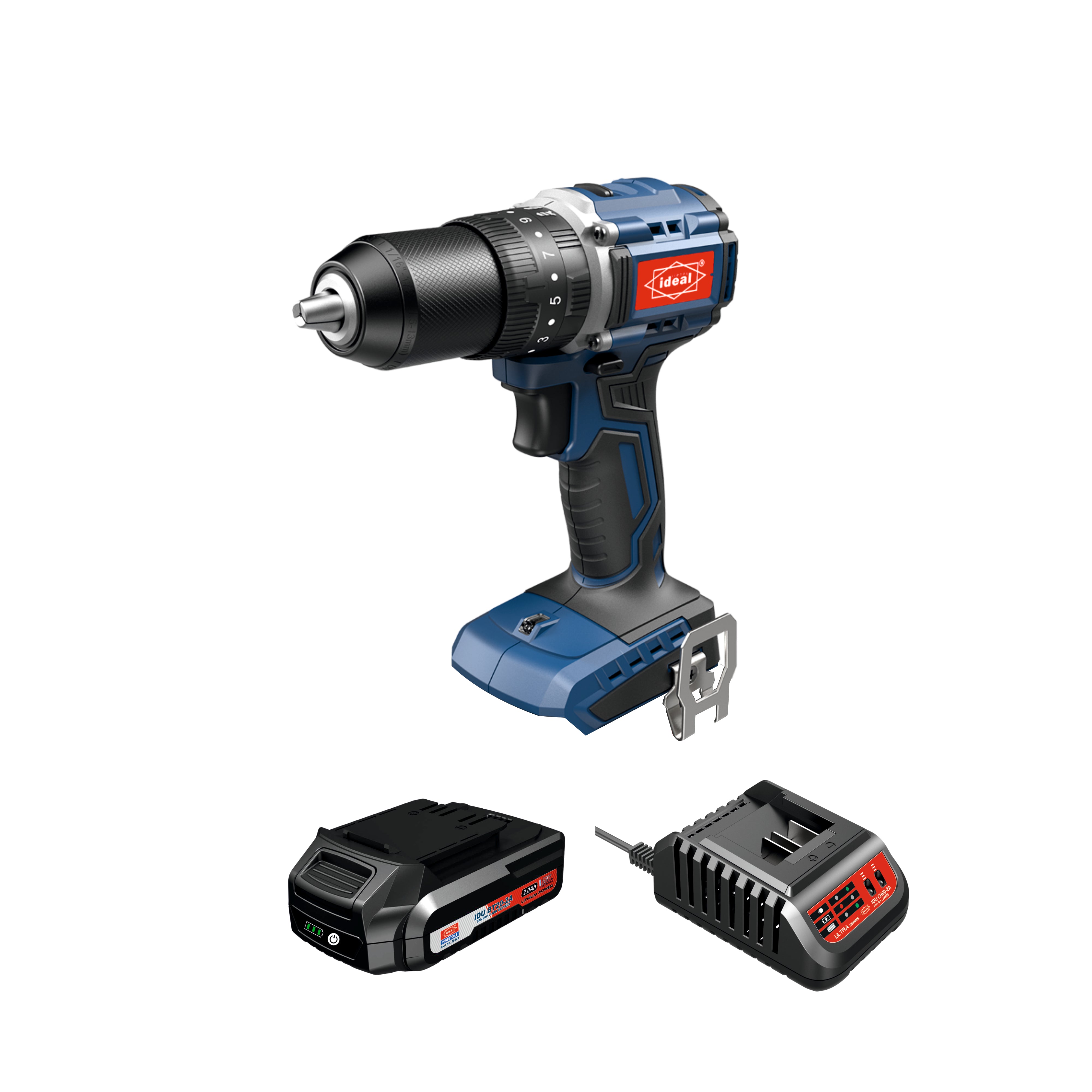 Blue cordless drill IDU ID-B50 with battery and charger on a white background