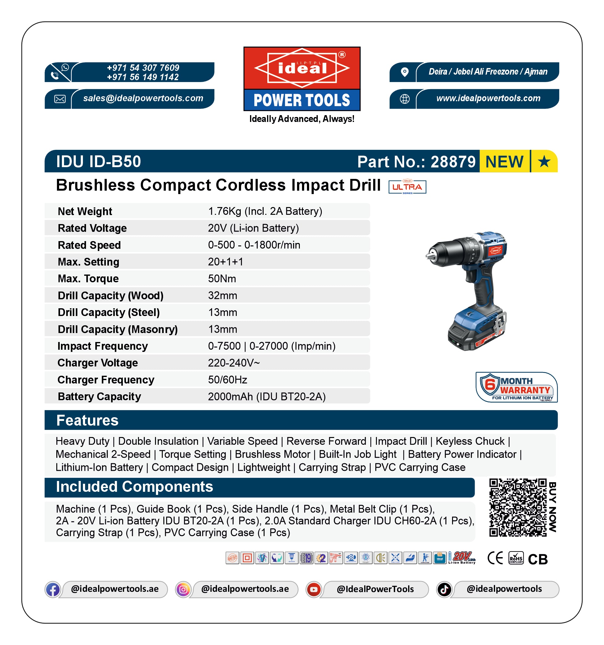 Product card for Ideal Power Tools brushless compact cordless impact drill with specifications and branding.