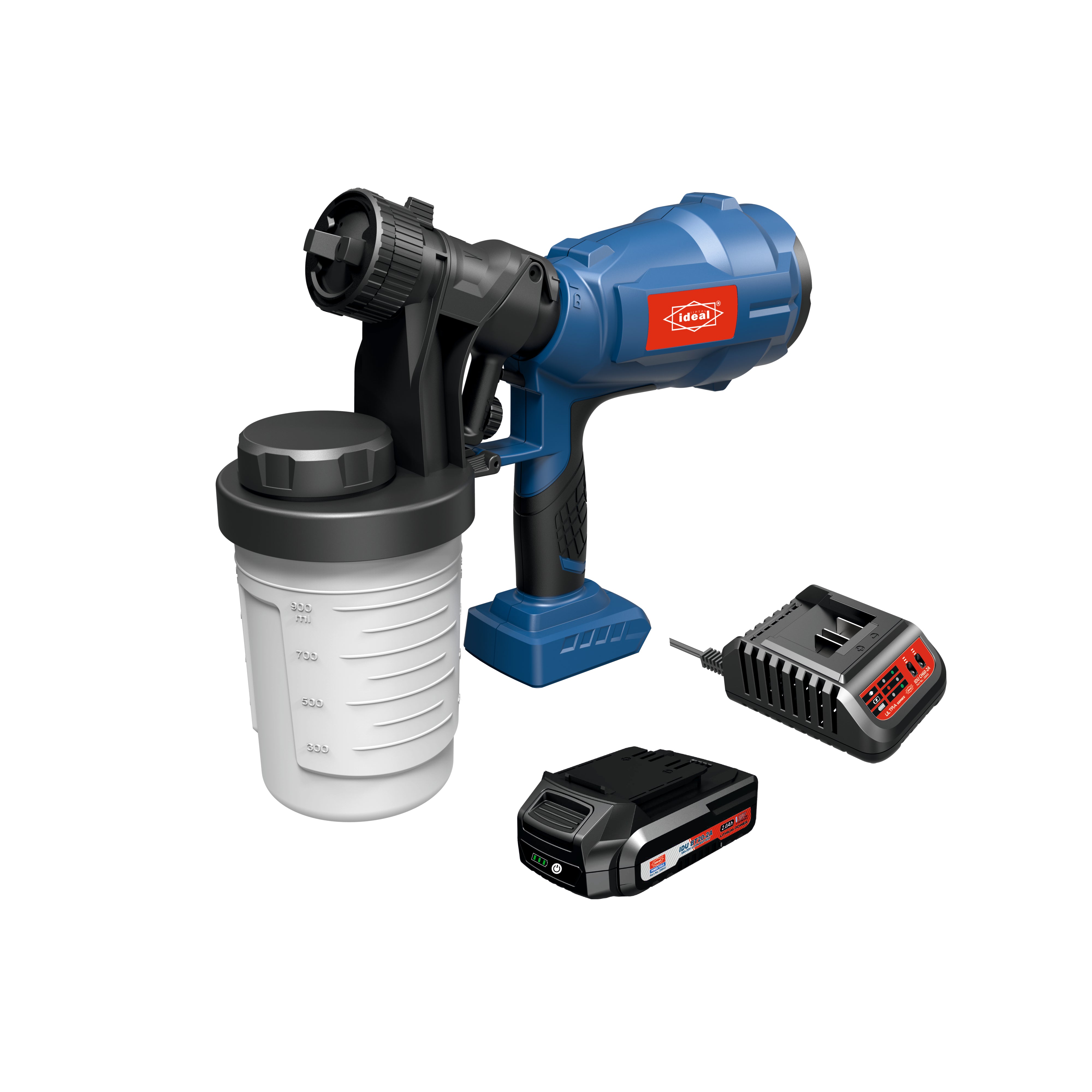 Blue paint sprayer with accessories on a white background