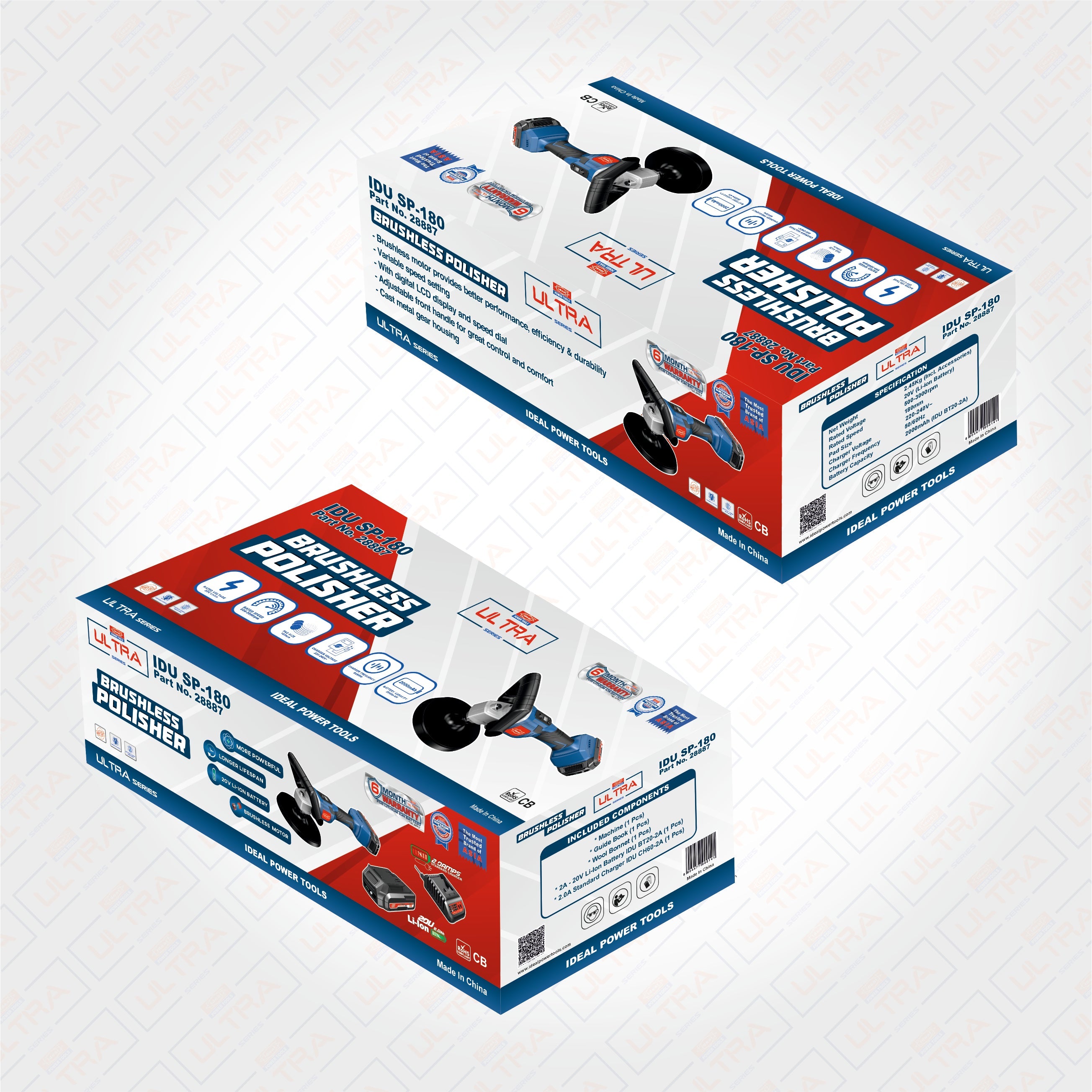Two boxes of brushless polisher IDU SP 180 with dimensions indicated on a white background