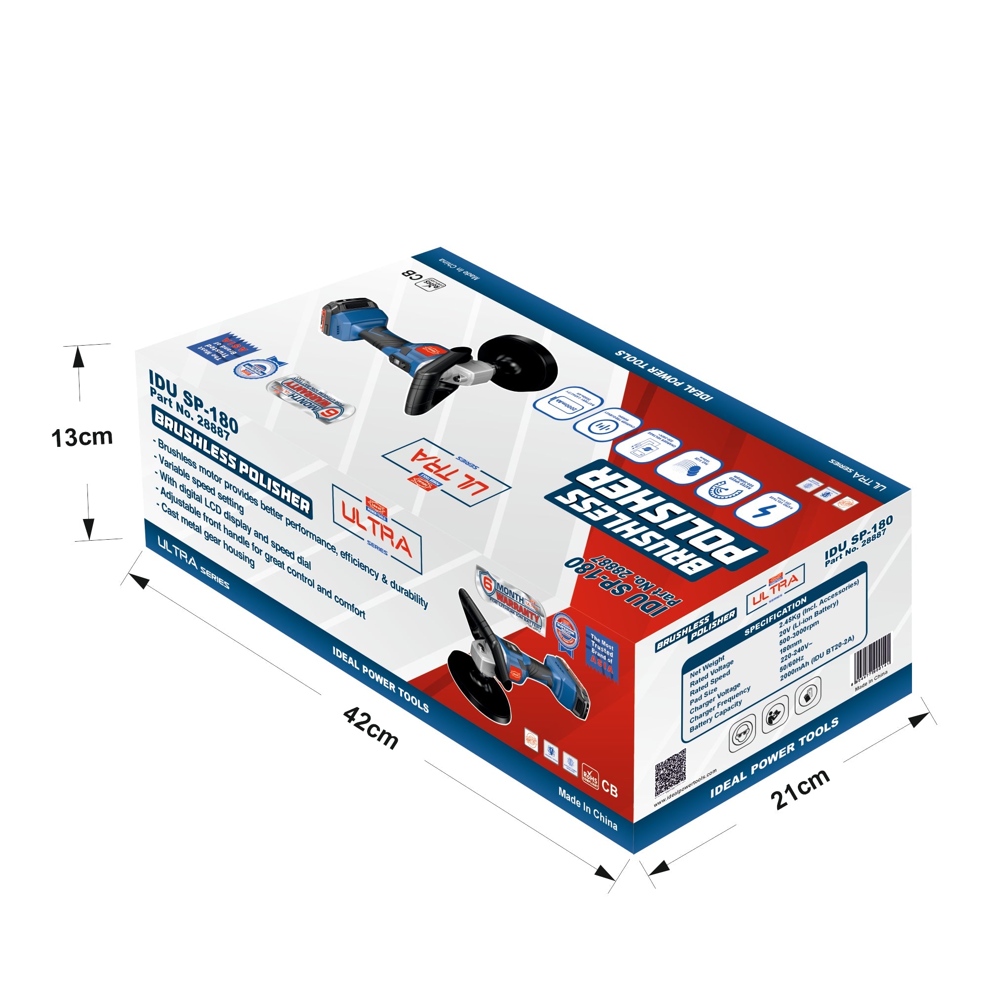Box of a brushless polisher with dimensions indicated