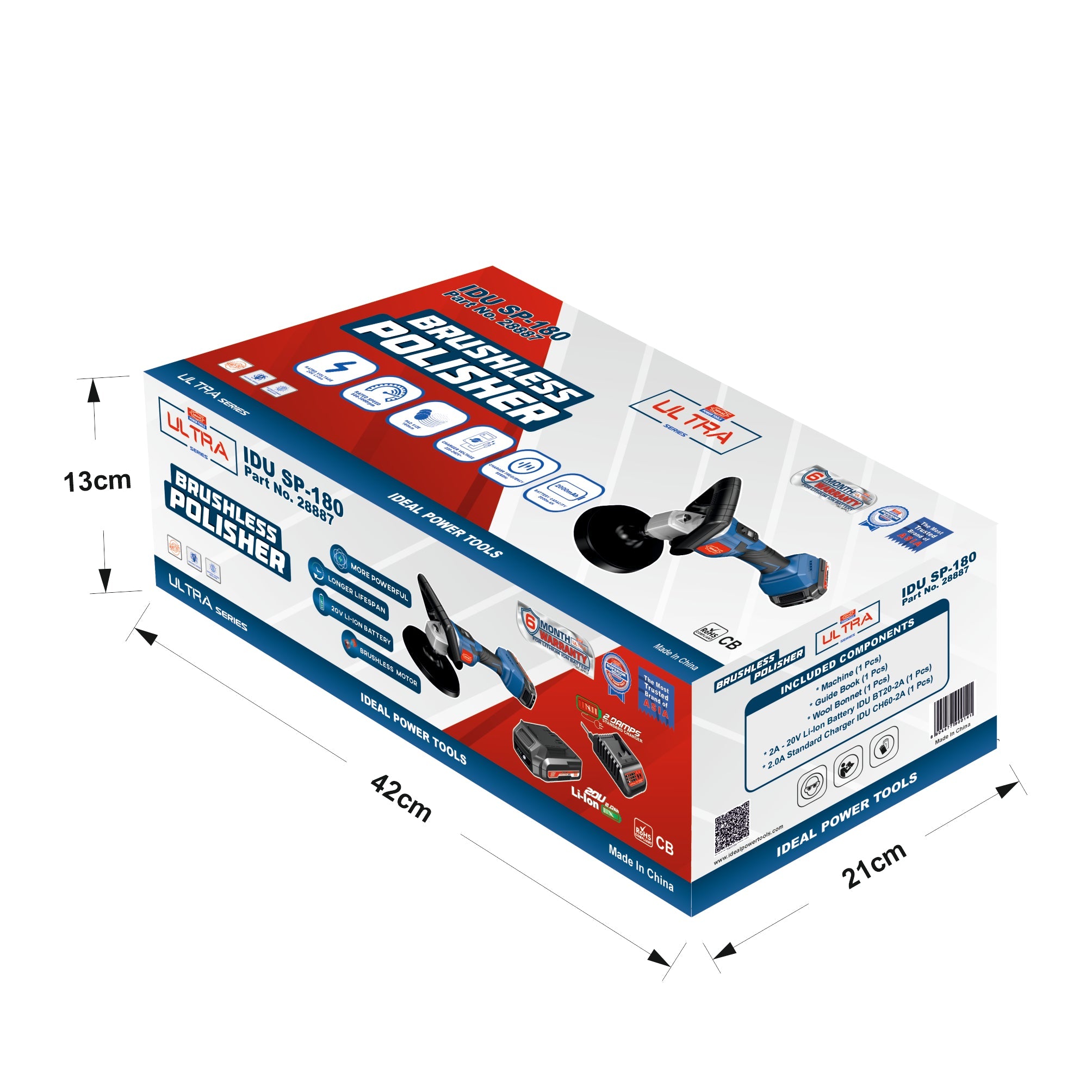 Box of a brushless polisher IDU SP 180 with dimensions indicated on a white background