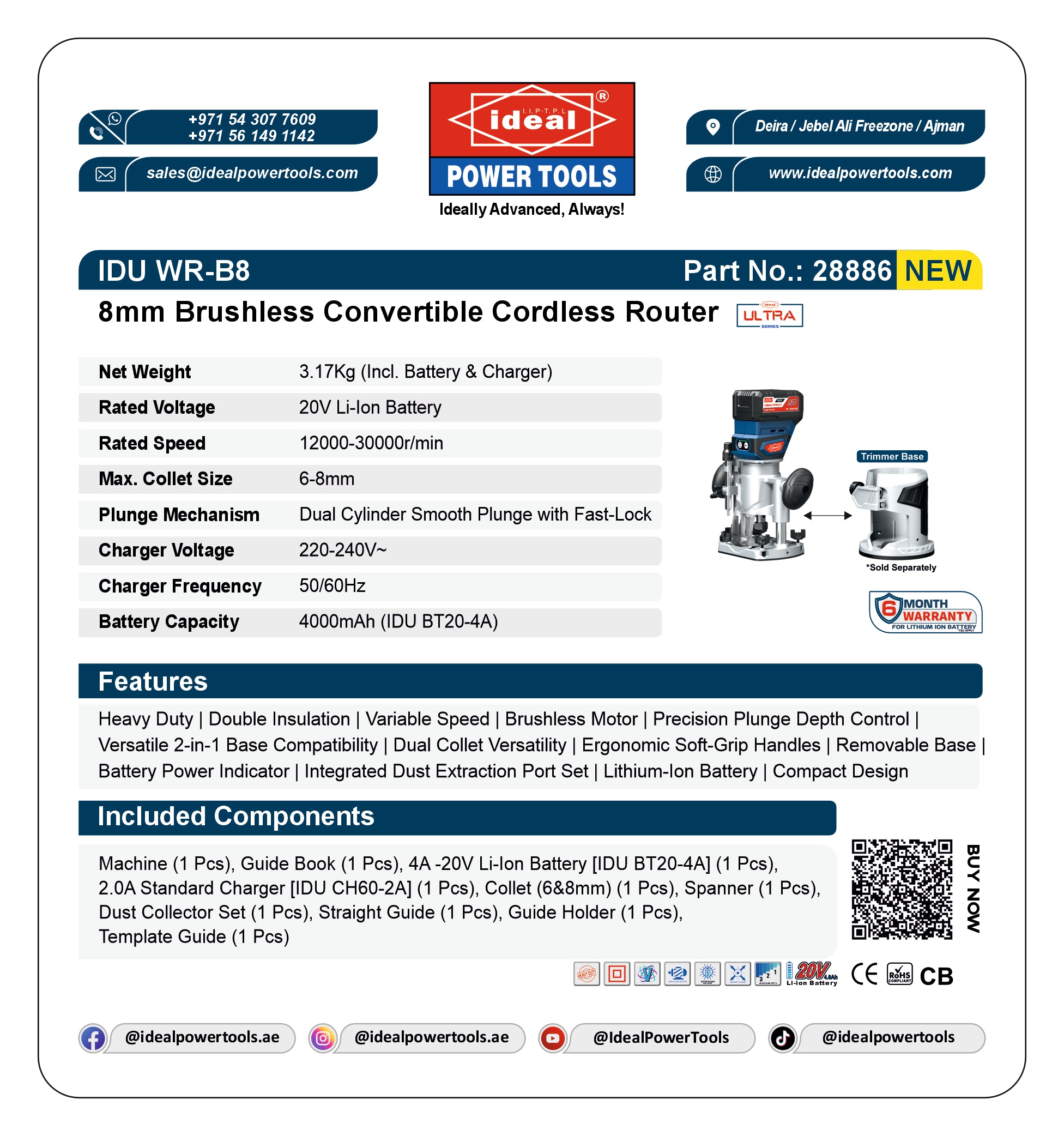 Product card for 8mm Brushless Convertible Cordless Router with specifications and Ideal Power Tools branding.