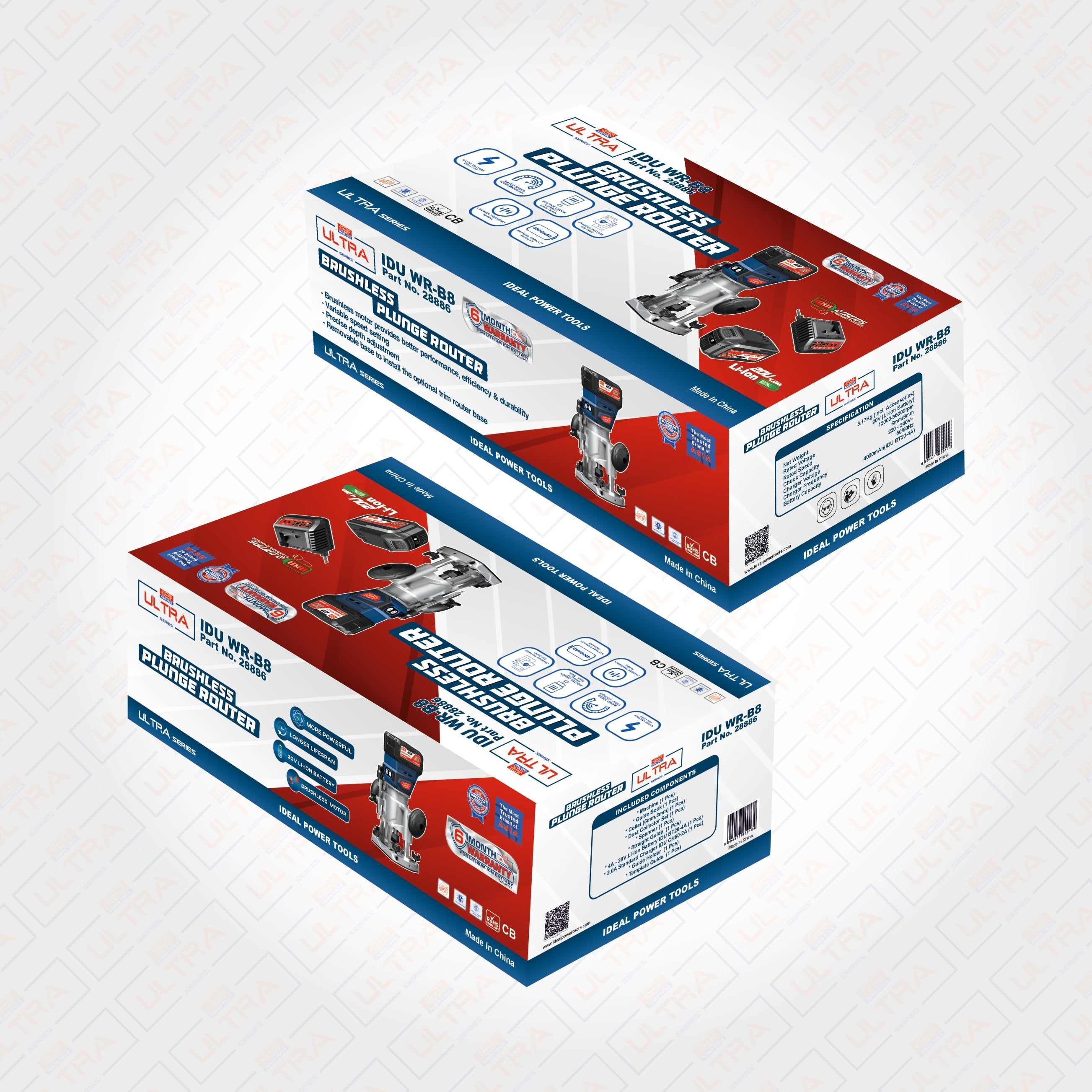 Two boxes of router machine on a patterned background