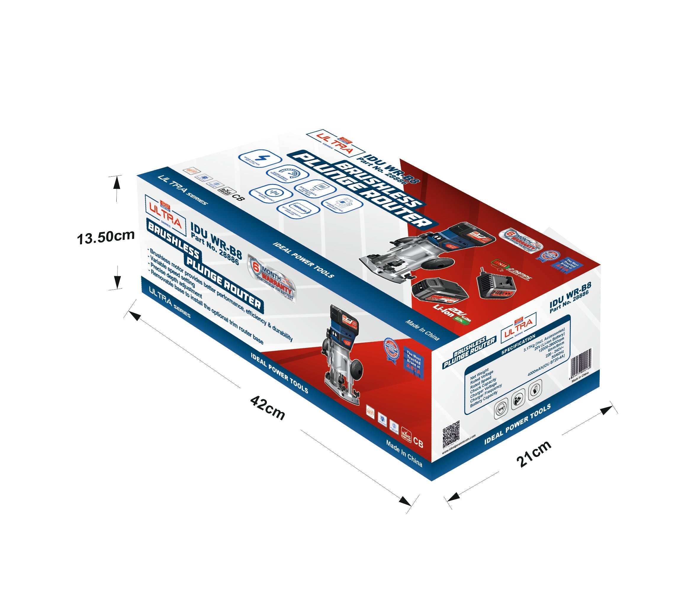 Box of a plunge cordless router with dimensions indicated