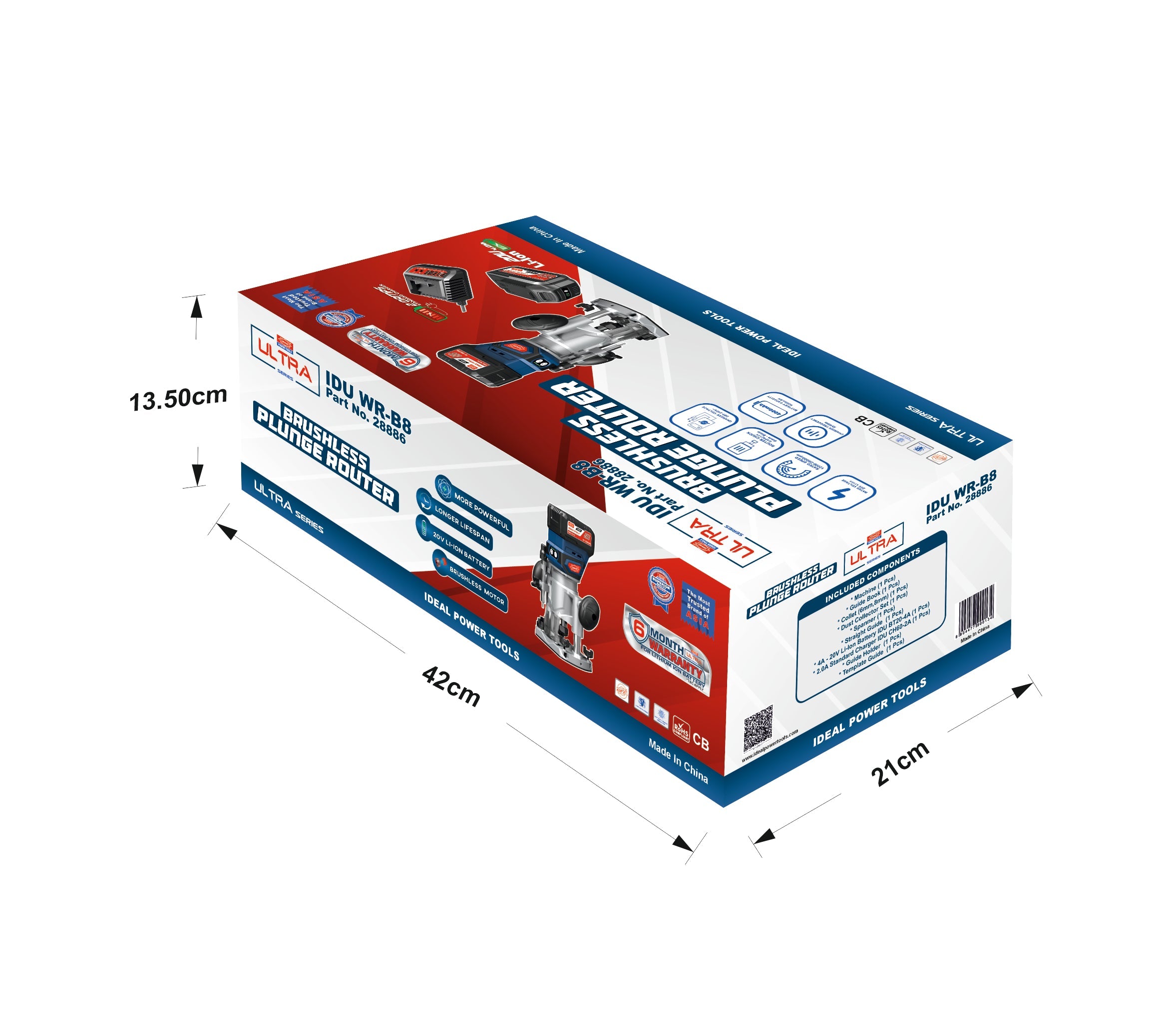 Box of a router machine with dimensions indicated on a white background