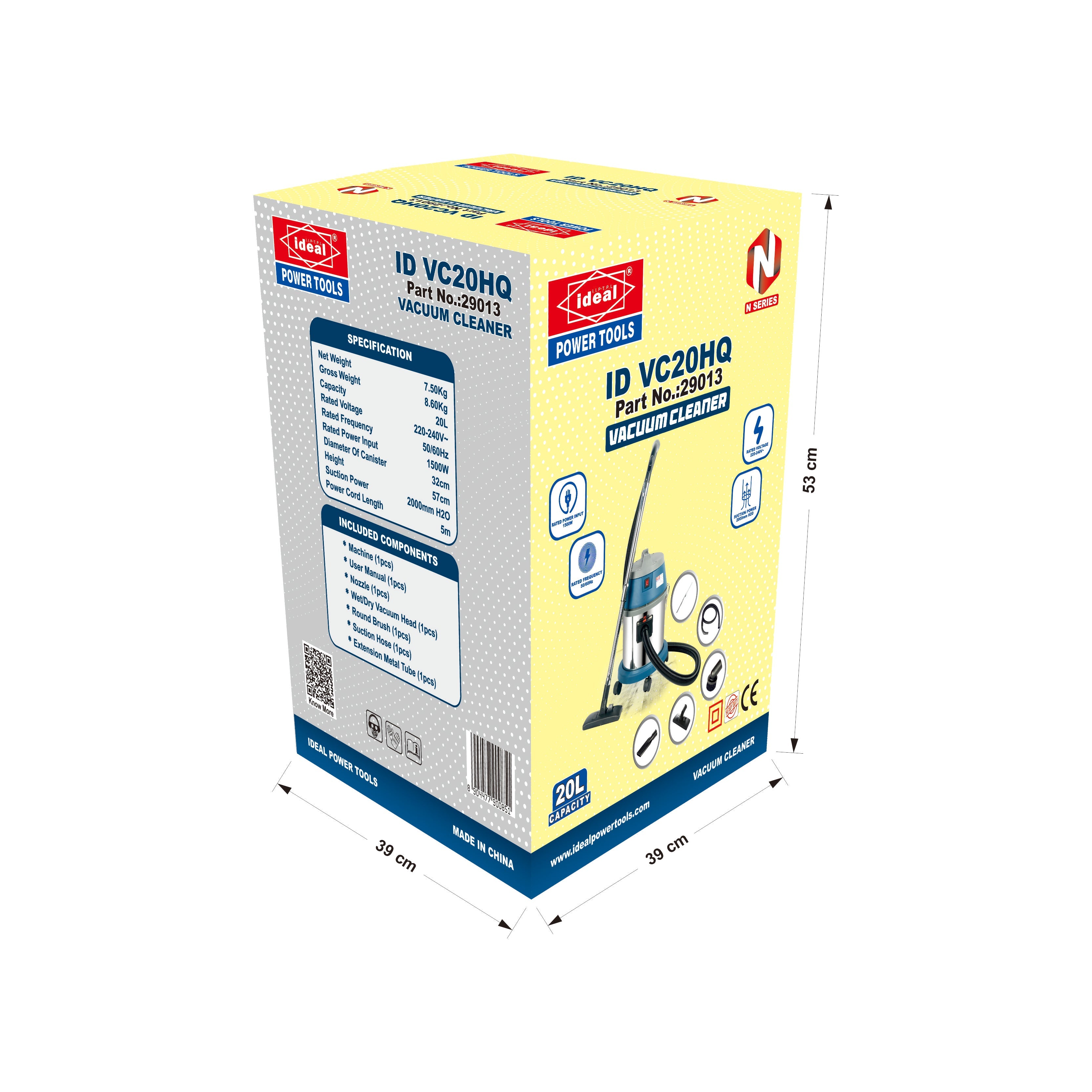 Box of ID VC20HQ vacuum cleaner with dimensions