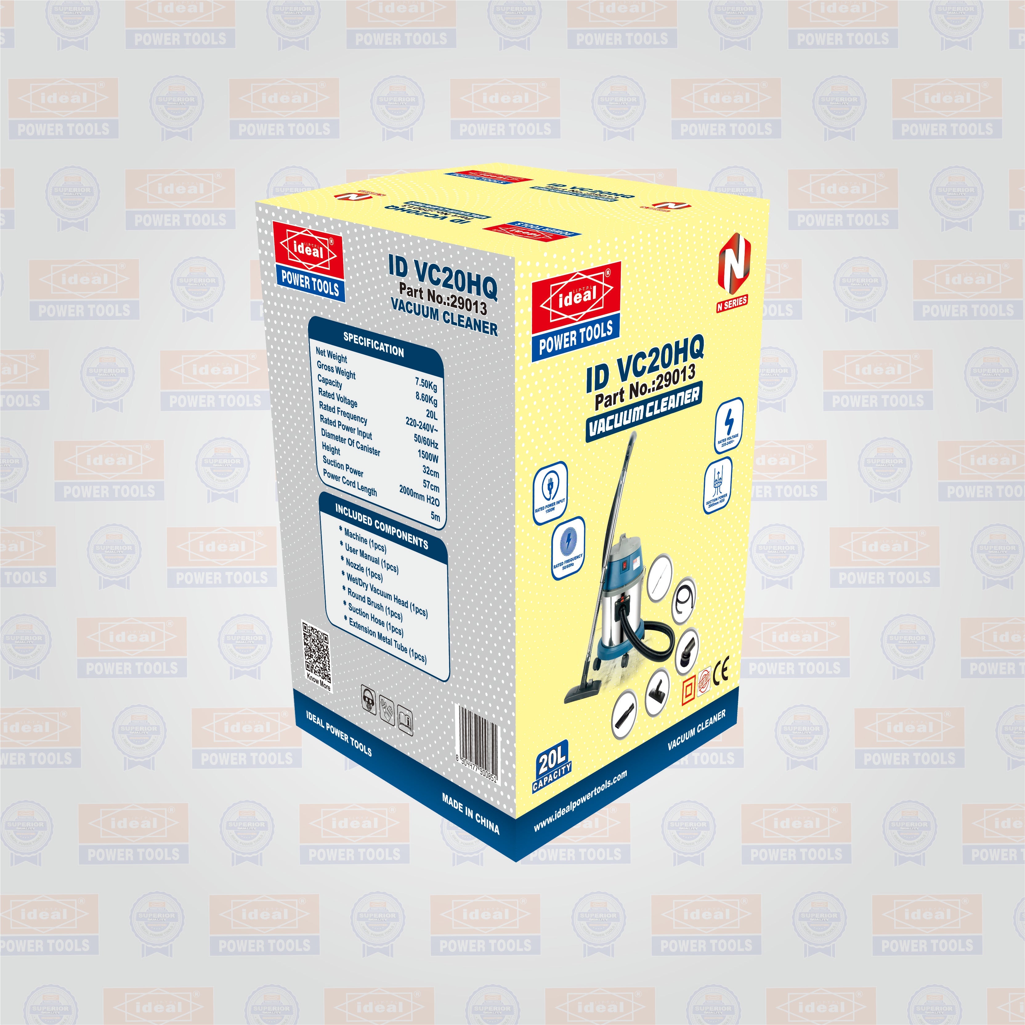 Box of ID VC20HQ vacuum cleaner on a branded background