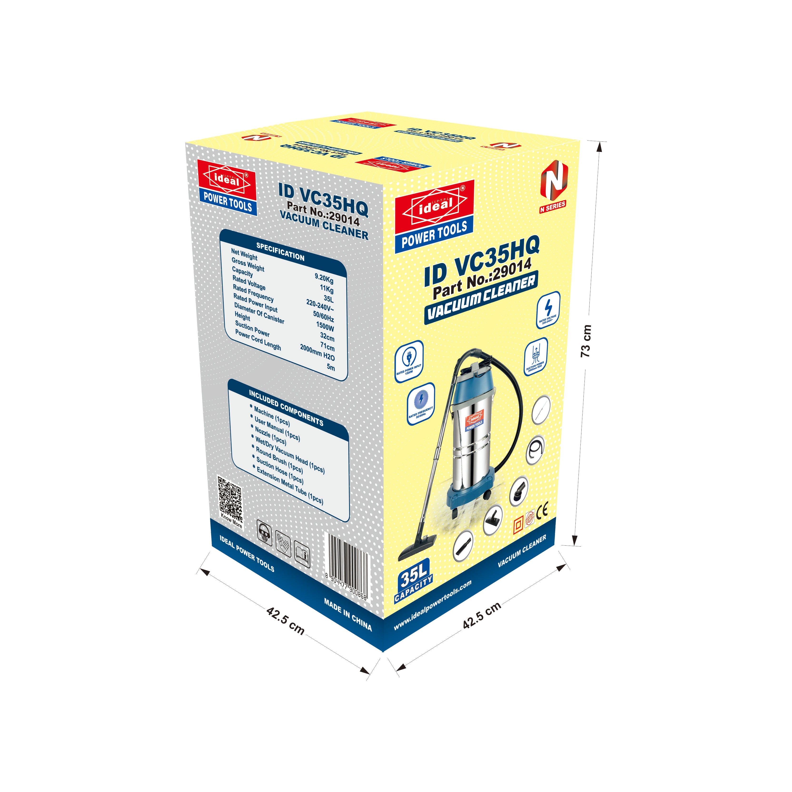Box of ID VC35HQ vacuum cleaner with dimensions marked