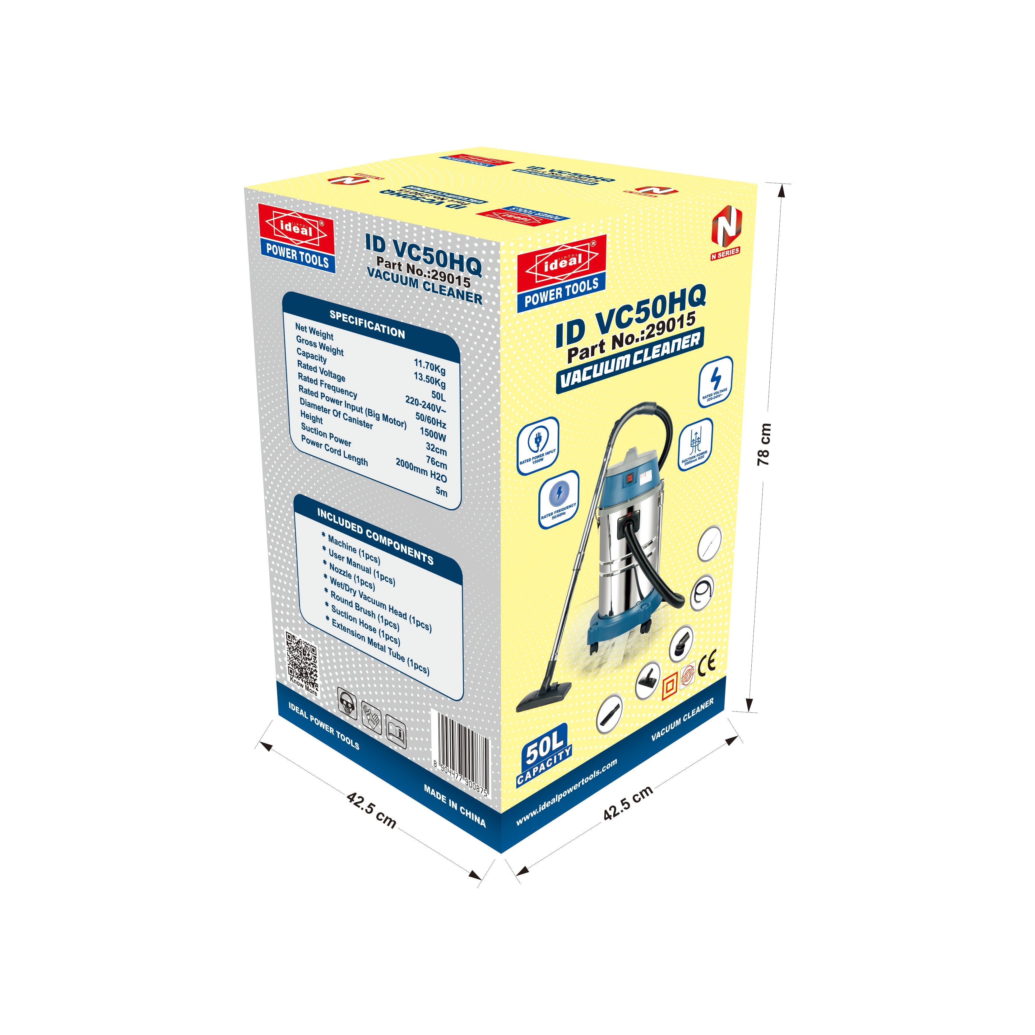 Box packaging of ID VC50HQ vacuum cleaner with dimensions