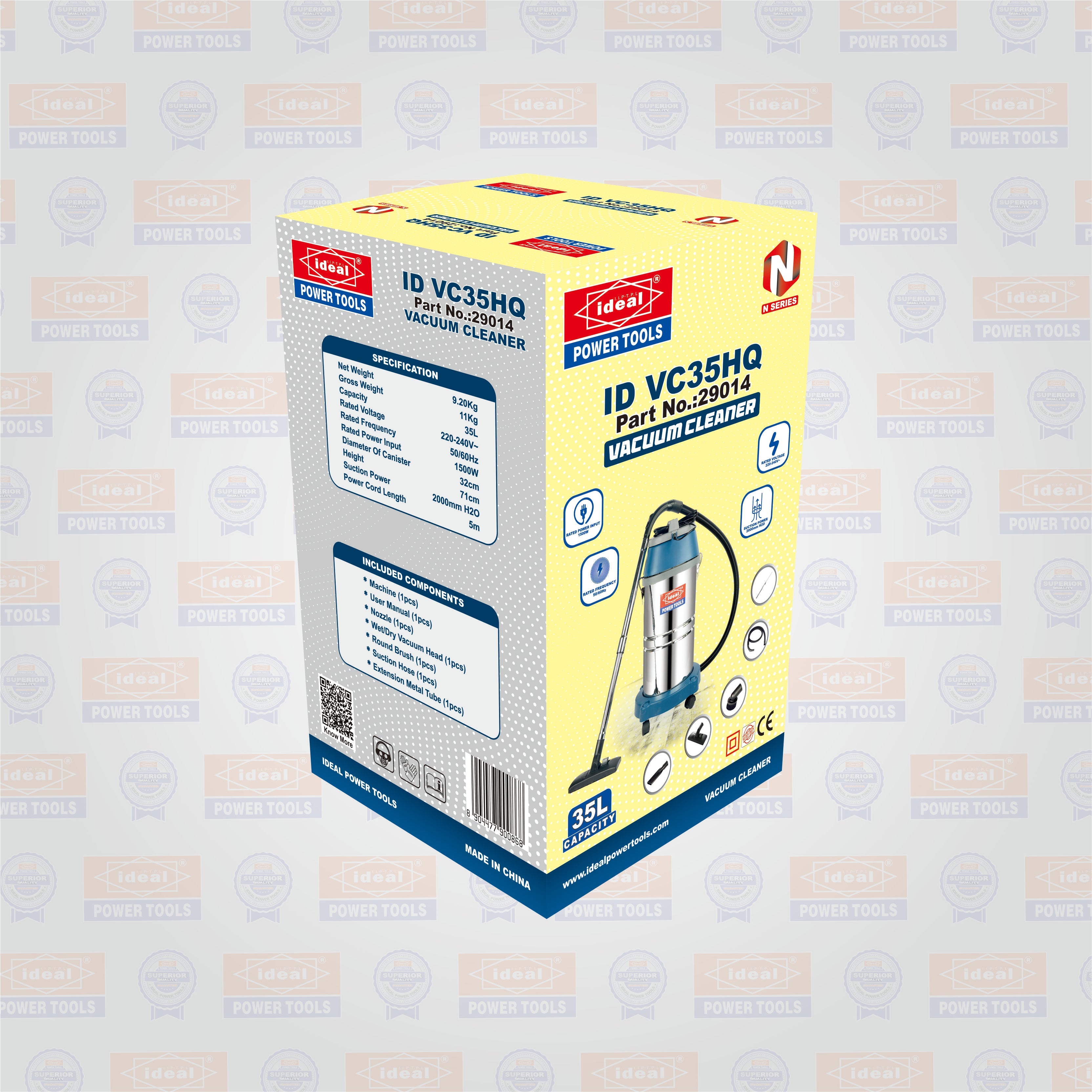 Box packaging of ID VC35HQ vacuum cleaner on a branded background