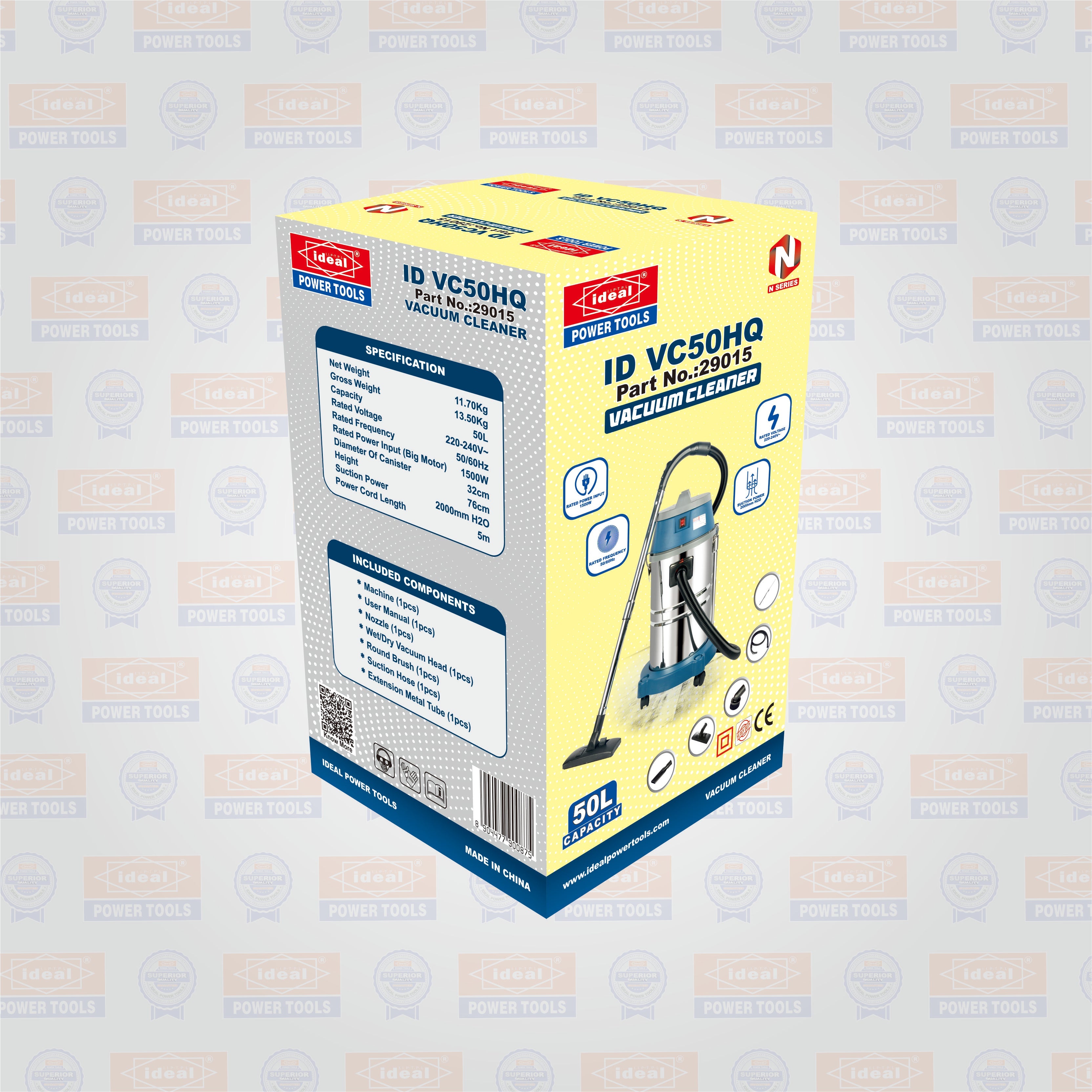 Box of ID VC50HQ vacuum cleaner with branded background