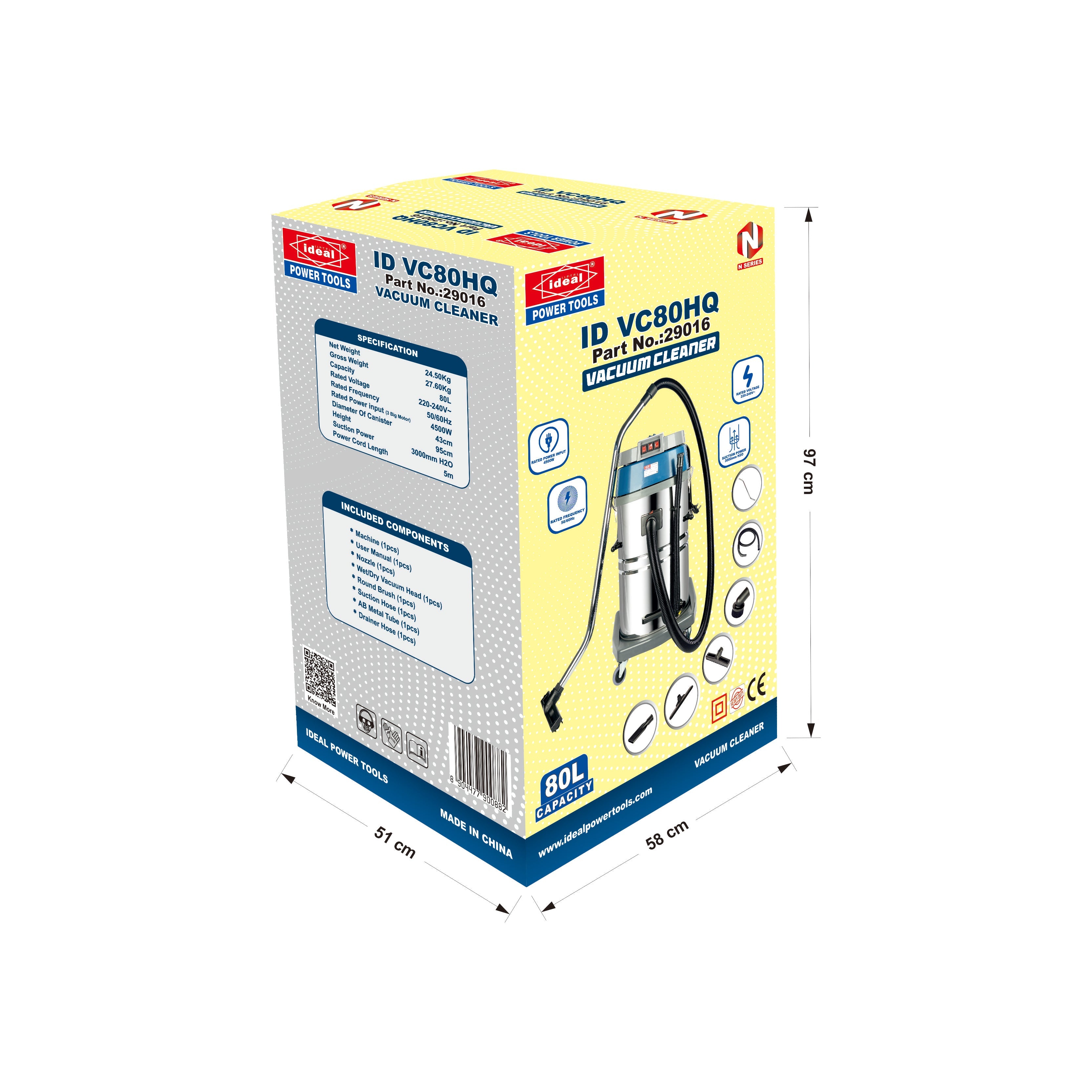 Box packaging of ID VC80HQ vacuum cleaner with dimensions