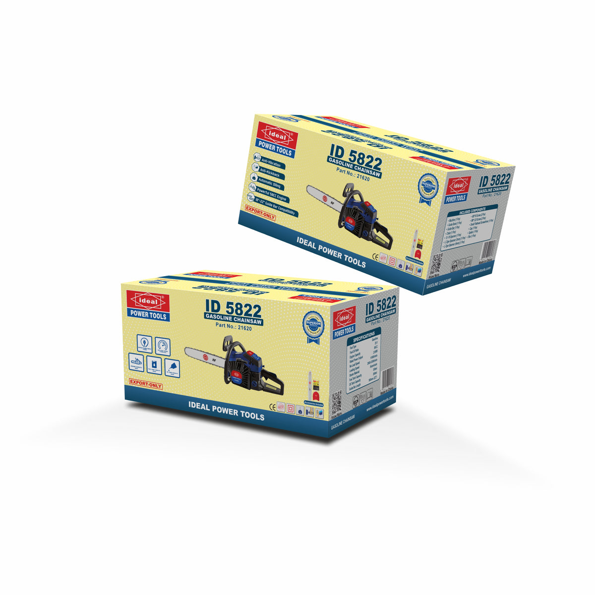 Two boxes of Ideal Power Tools chainsaw ID 5822 on a white background