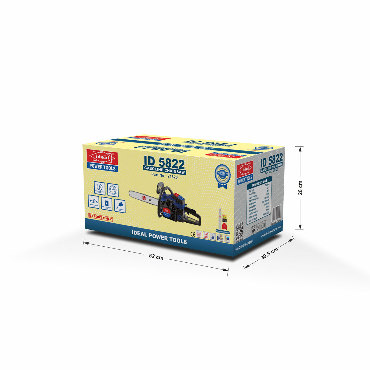 Box of Ideal Power Tools gasoline chainsaw ID 5822 with dimensions on a white background