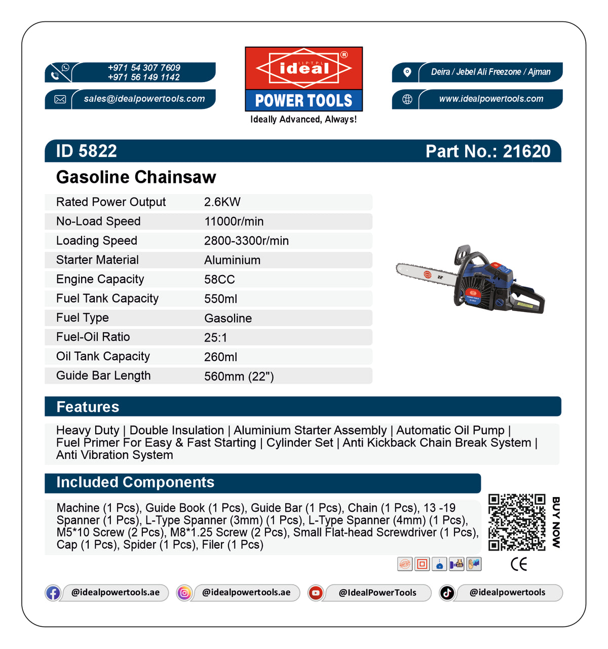 Product label for gasoline chainsaw with specifications and Ideal Power Tools branding.