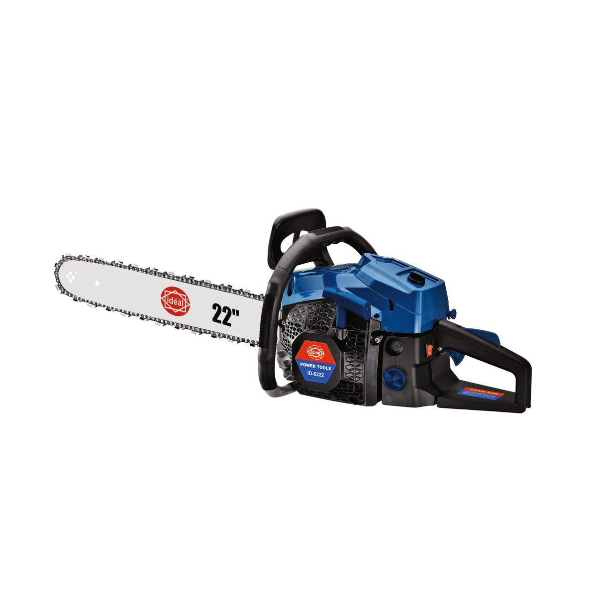 Blue and black chainsaw with a 22-inch bar on a white background