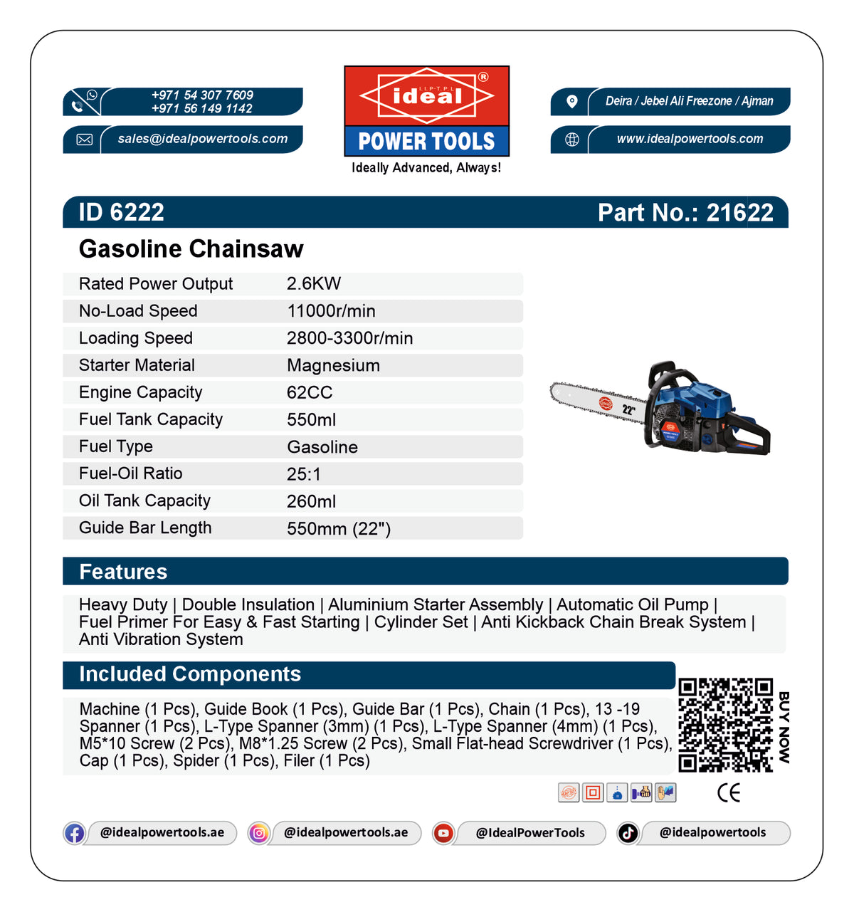 Product label for gasoline chainsaw with specifications and branding details.