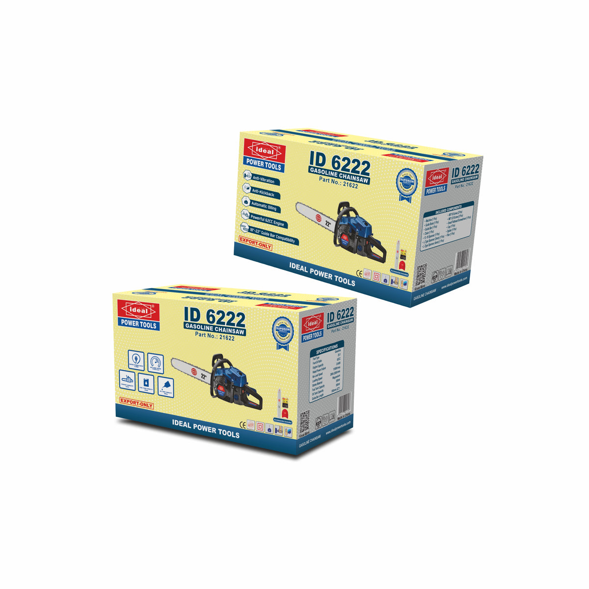 Two boxes of Ideal Power Tools chainsaw on a white background