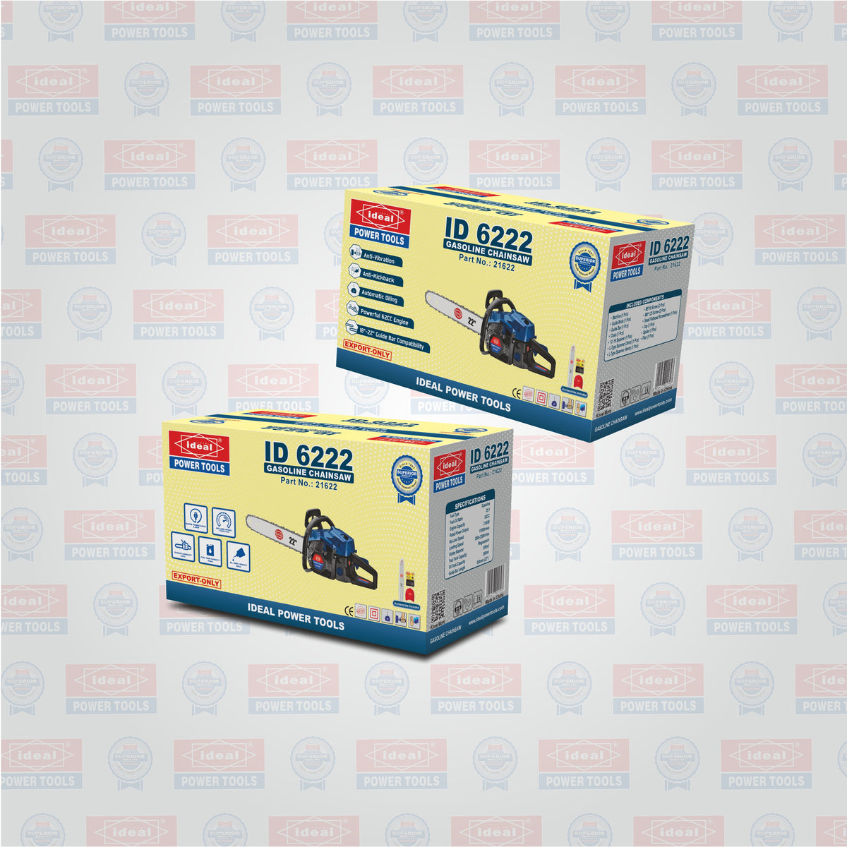 Two boxes of Ideal Power Tools chainsaw on a branded background
