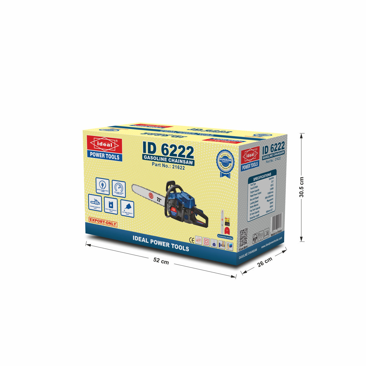 Box of IDEAL Power Tools gasoline chain saw with dimensions on a white background