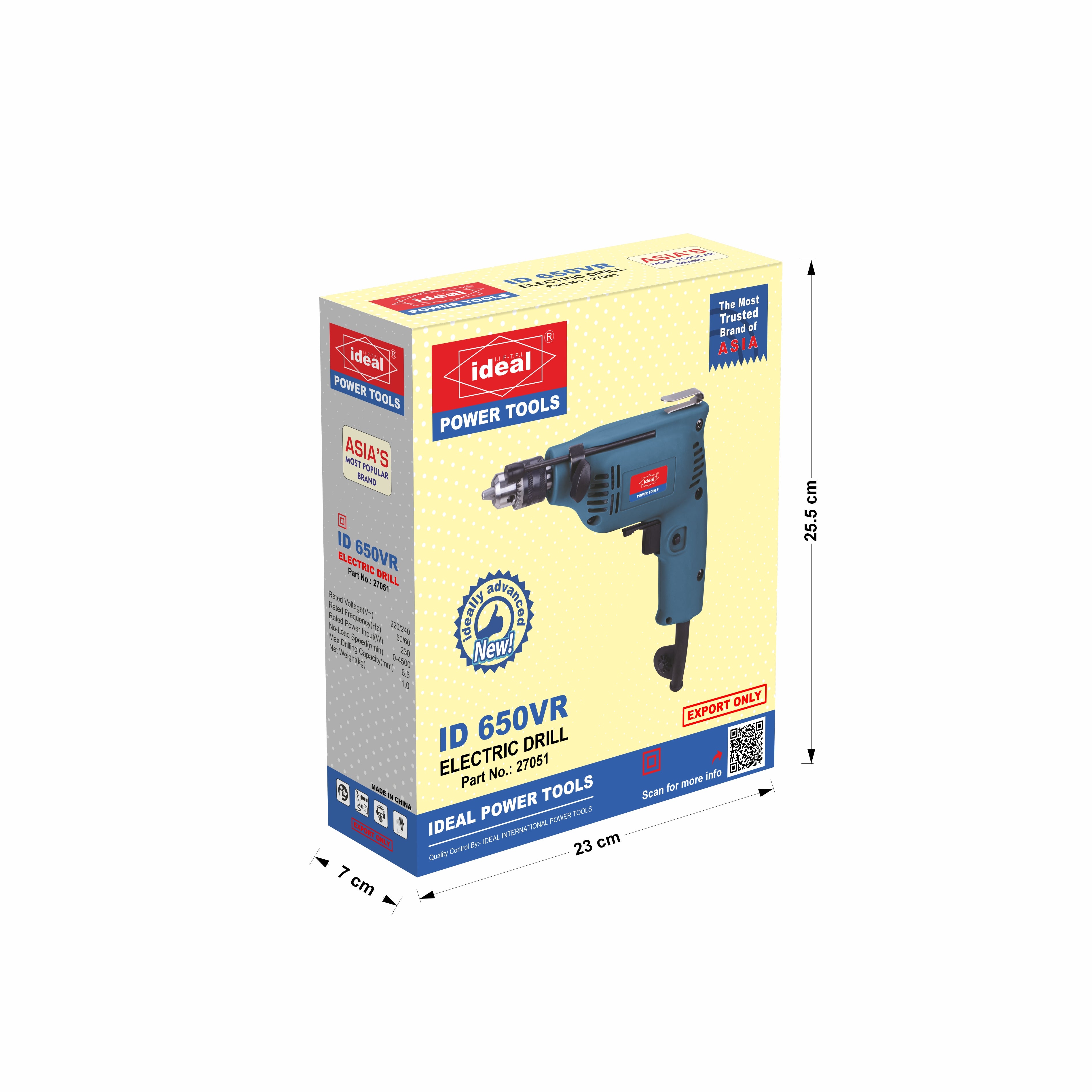 Box of Ideal Power Tools electric drill ID 650VR with dimensions on a white background