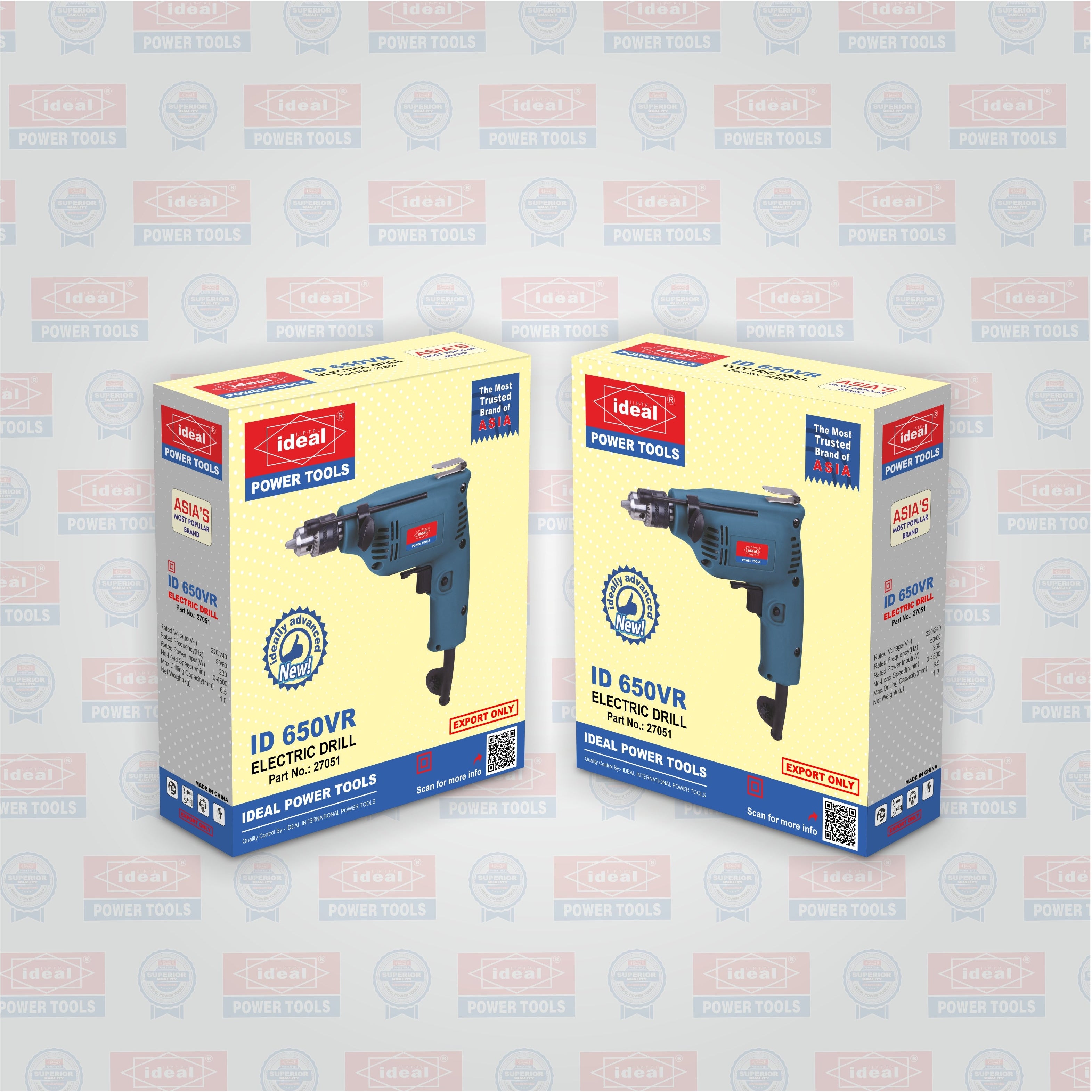 Two boxes of Ideal Power Tools ID 650VR electric drills on a branded background