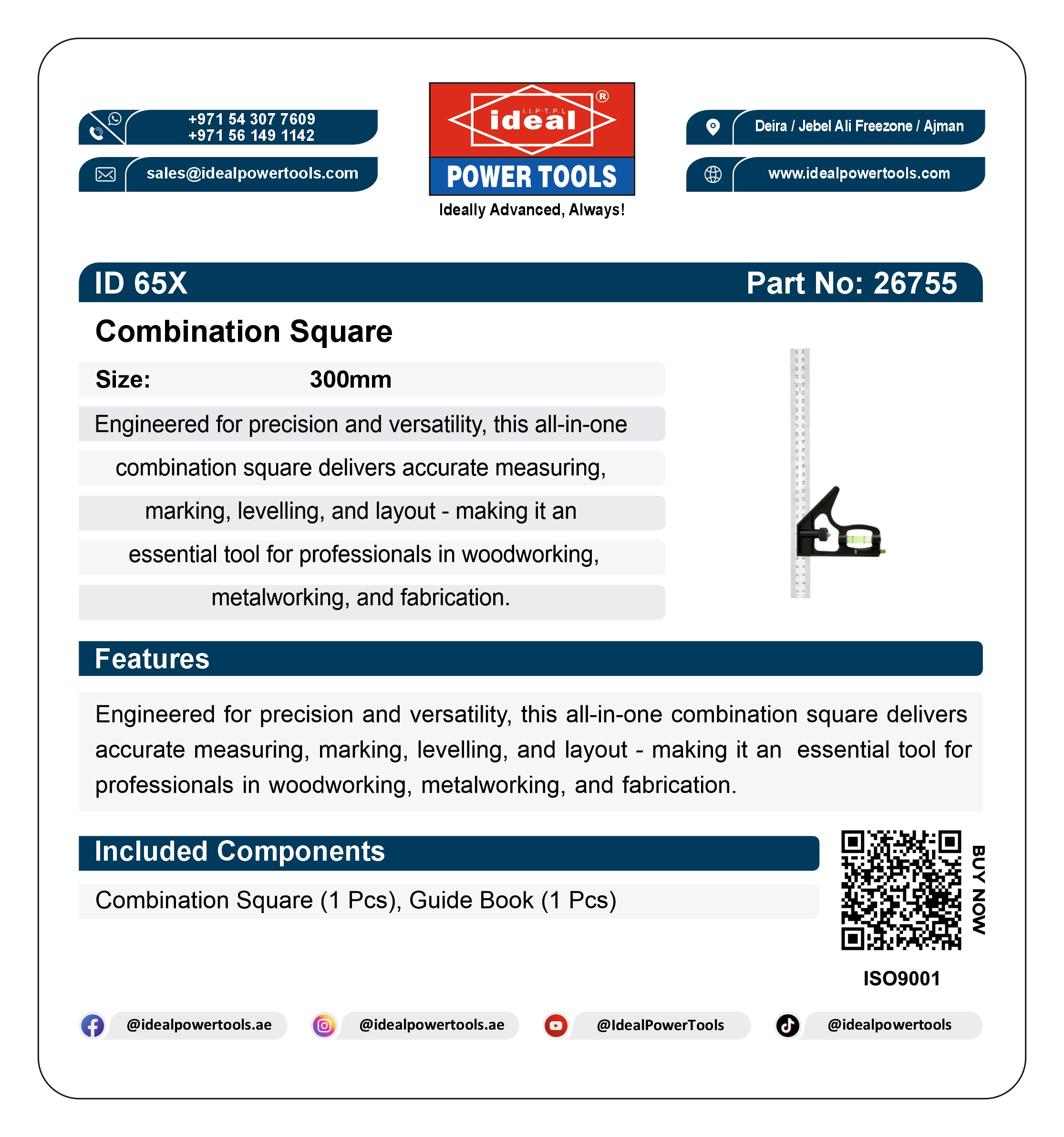 Ideal Power Tools combination square packaging with product details and branding.
