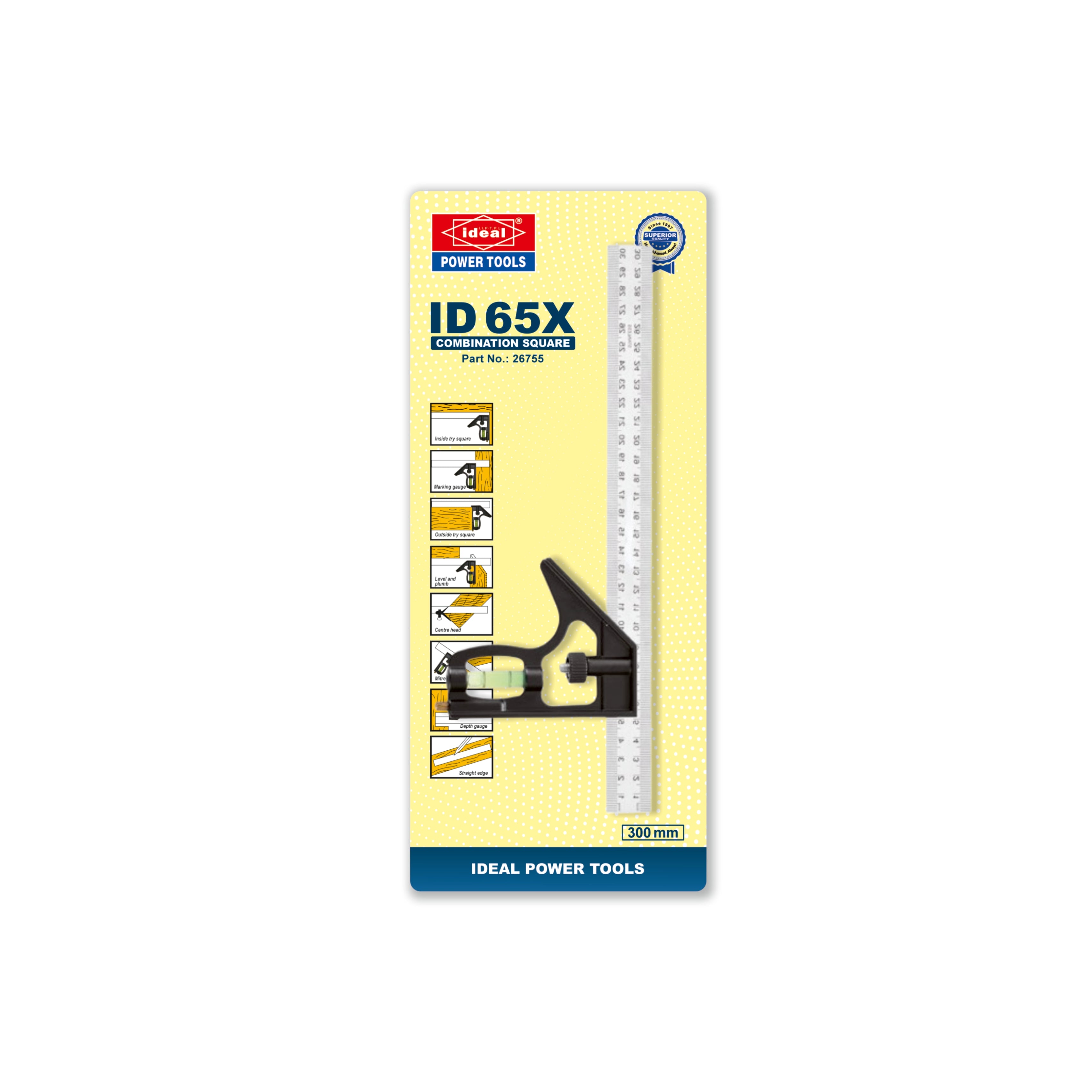 Packaging of an Ideal Power Tools combination square with yellow background